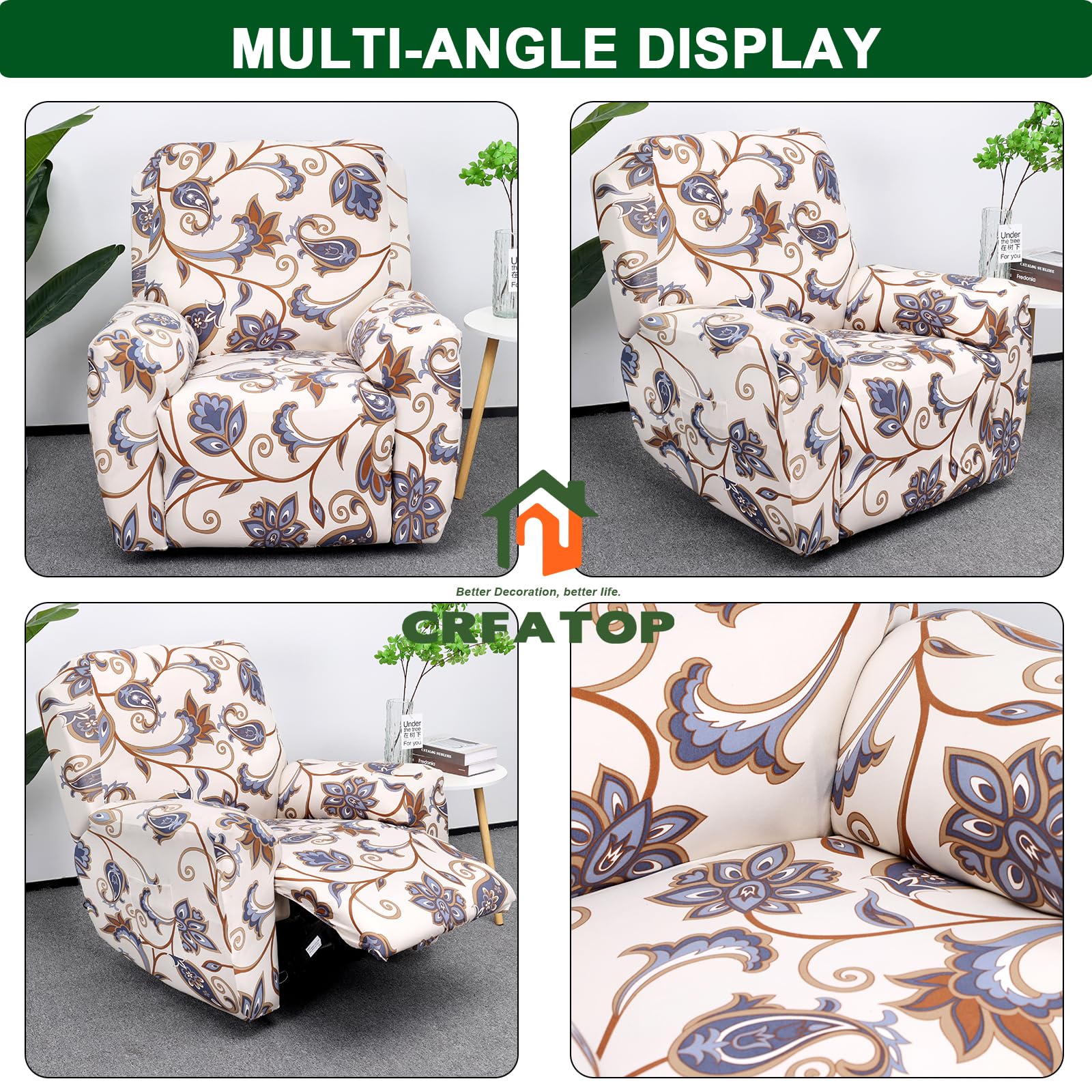 Crfatop Stretch Recliner Cover 4-Pieces 1 Seat Recliner Chair Slipcovers Printed Fallon Collection Slipcover Recliner Lazy Boy F