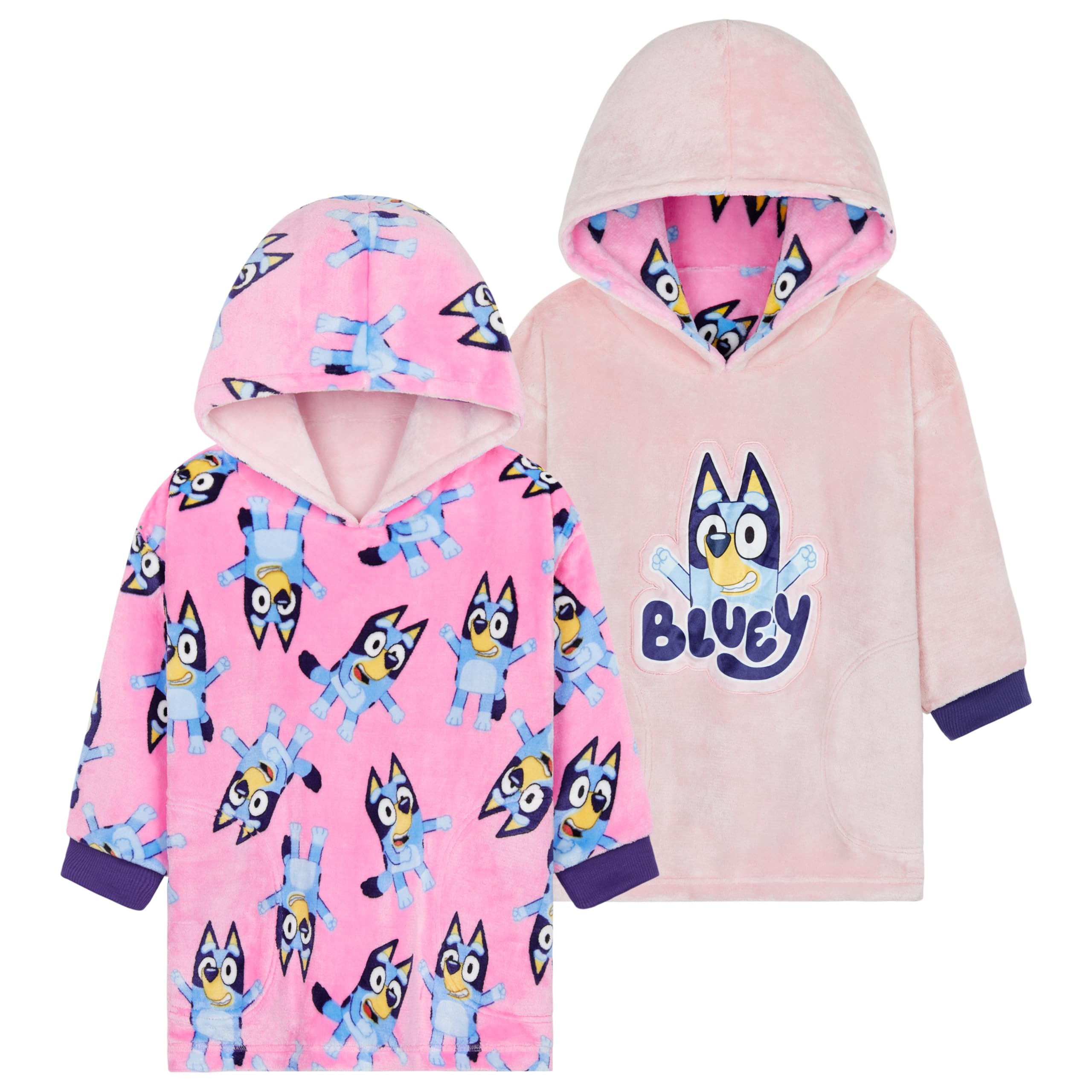 Bluey Blanket Hoodie For Kids Cozy Warm Fleece Wearable Blanket Girls Gifts (Pink Reversible, 2-4 Years)