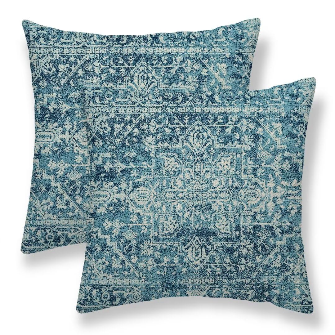 Sunshineyan Teal Boho Pillow Covers 20X20 Set Of 2, Bohemian Carpet Pattern Outdoor Decorative Throw Pillows Linen Ethnic Design