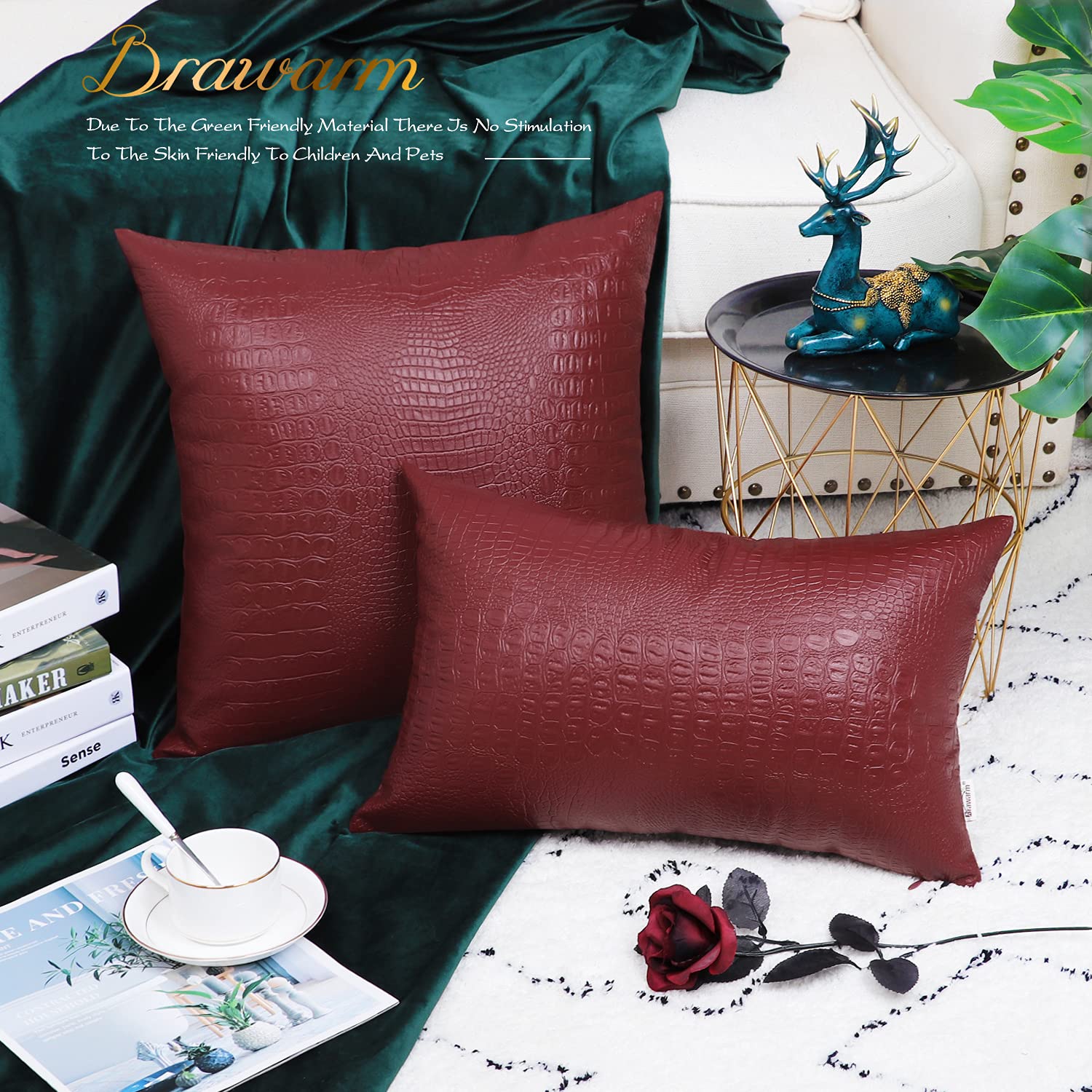 Brawarm Faux Leather Pillow Covers 20 X 20 Inches, Deep Red Leather Pillow Covers Pack Of 2, Crocodile Leather Decorative Throw