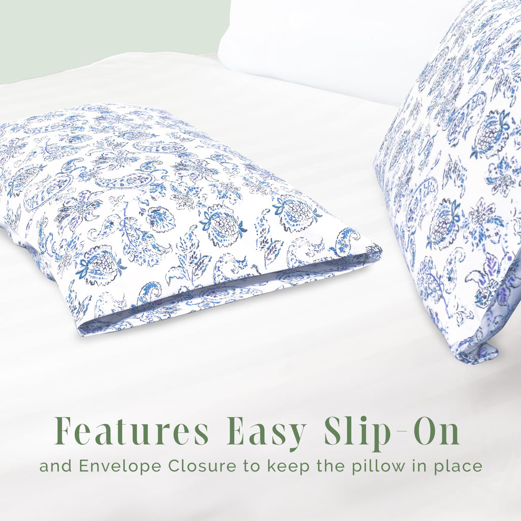 Elegant Comfort Ultra Soft Set Of 2 Floral Print Pillowcases - 1500 Premium Hotel Quality Microfiber, Soft And Smooth Envelope Closure 2-Piece Pillow Covers - King, Paisley Indigo