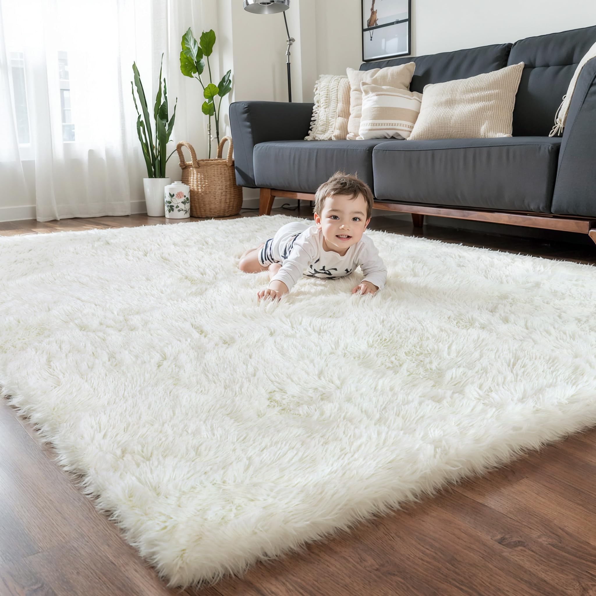 KCHOWUA 5x8 Cream Thick Fluffy Shag Area Rugs for Living Room,Off White Washable Large Rug for Bedroom,Modern Soft Shaggy Fuzzy 