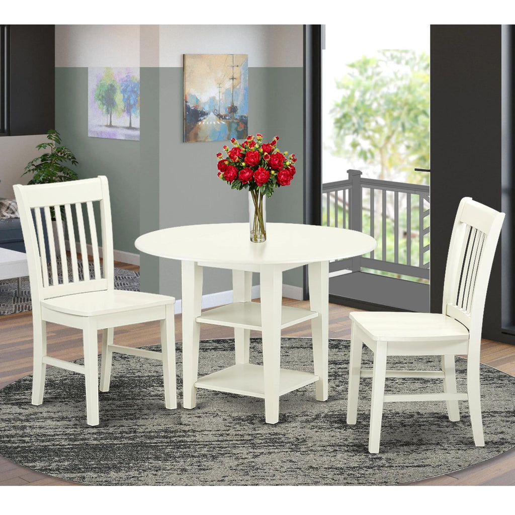 East West Furniture SUNO3-LWH-W 3 Piece Dining Room Furniture Set Contains a Round Kitchen Table with Dropleaf & Shelves and 2 Dining Chairs, 42x42 Inch, Linen White
