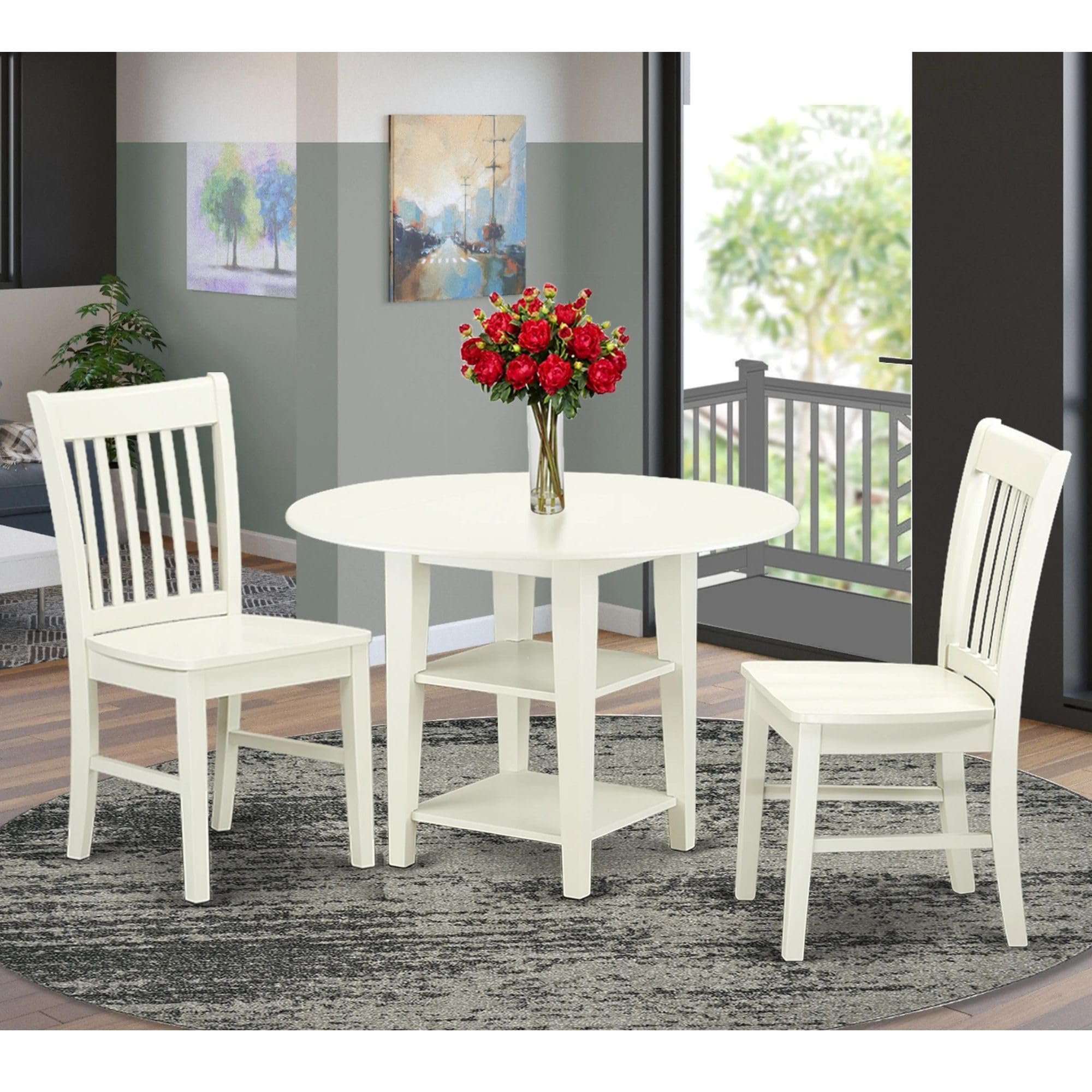 East West Furniture SUNO3-LWH-W 3 Piece Dining Room Furniture Set Contains a Round Kitchen Table with Dropleaf & Shelves and 2 Dining Chairs, 42x42 Inch, Linen White