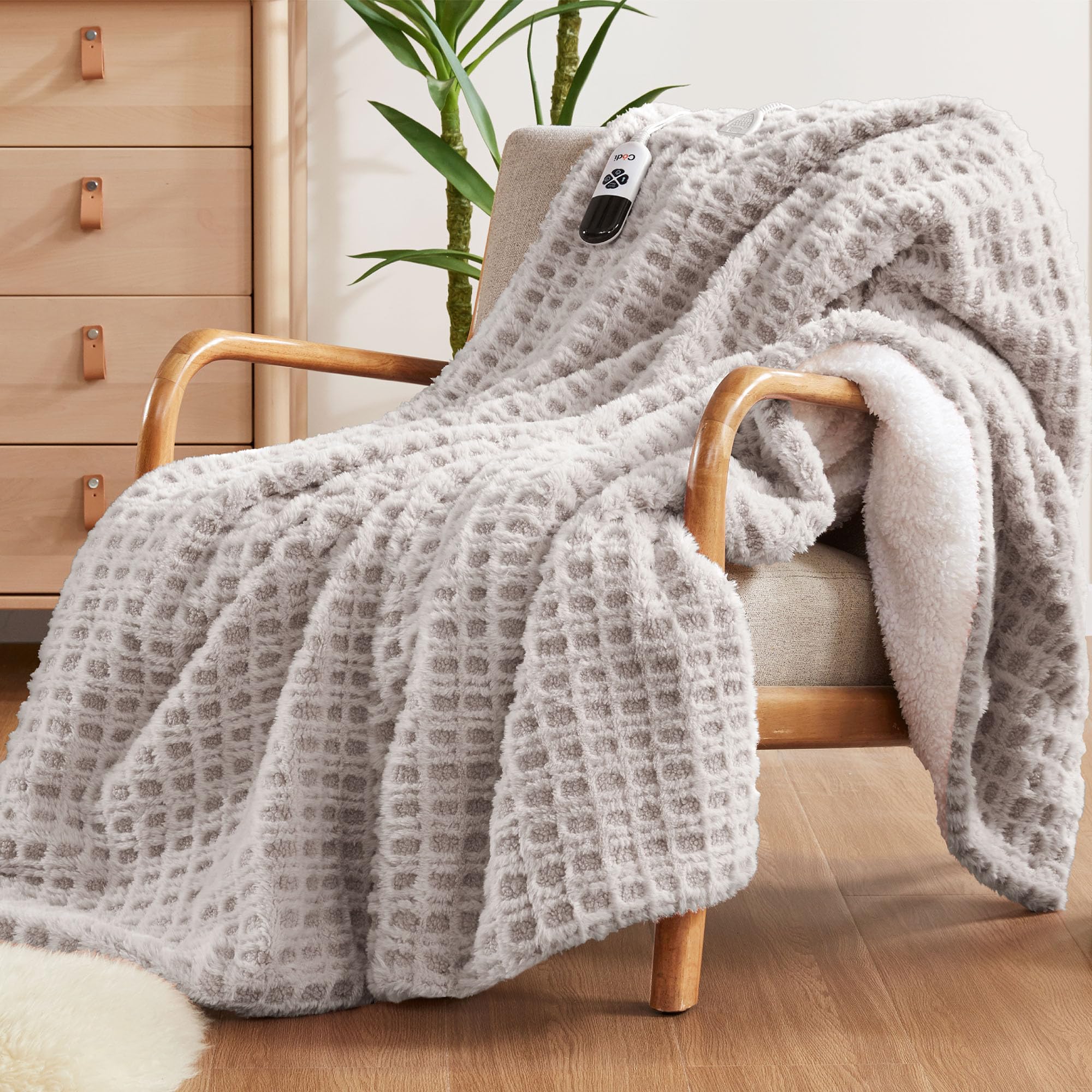 Codi Faux Fur Heated Throw Blanket, Grey Luxury Soft Heating Blankets With Fuzzy Sherpa Back, Electric Throws For Couch And Sofa