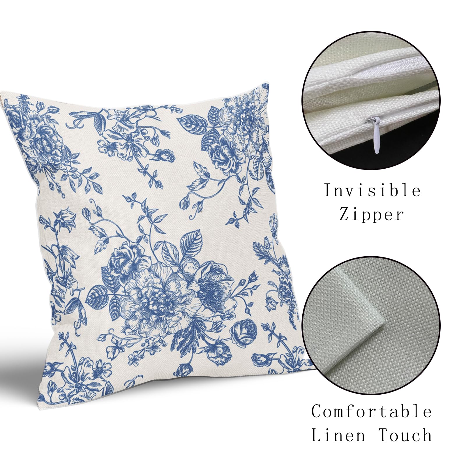 Blue Floral Pillow Covers 20X20 Inch Vintage Flower Blue White Decorative Throw Pillow Covers Set Of 2 Chinoiserie Pillowcases C