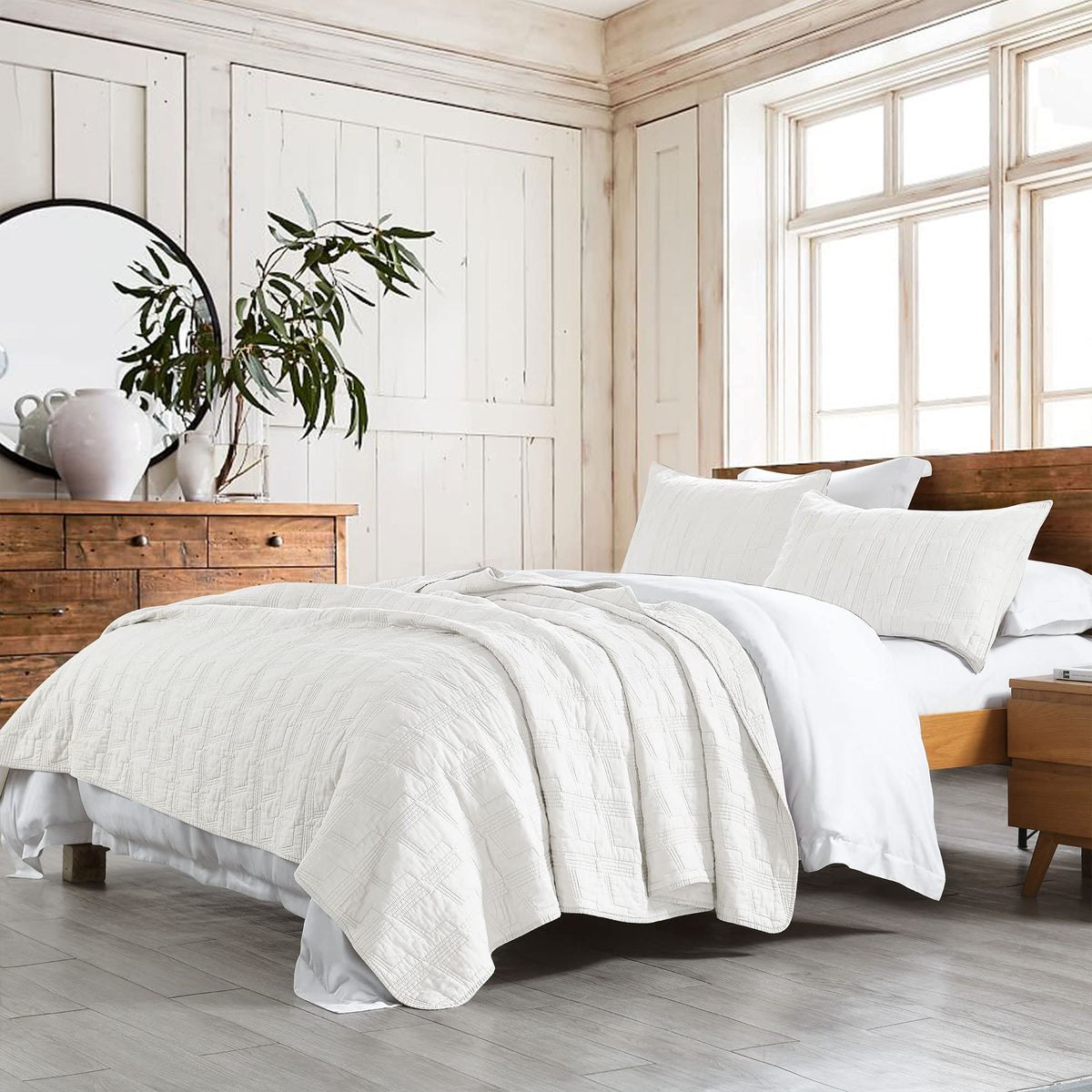 100 Cotton Quilt Set Twin Size, White Pre-Washed 2-Piece Bedspread Coverlet Set, Cozy Lightweight Stitching Decorative Bedding C