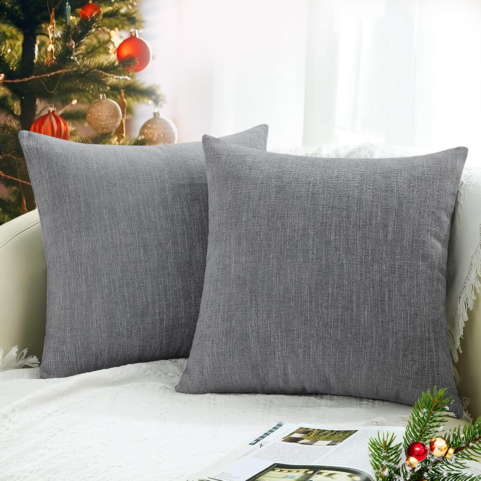 Decoruhome Christmas Decorative Throw Pillow Covers 18X18 Set Of 2, Farmhouse Textured Pillow Covers, Chenille Pillow Covers For