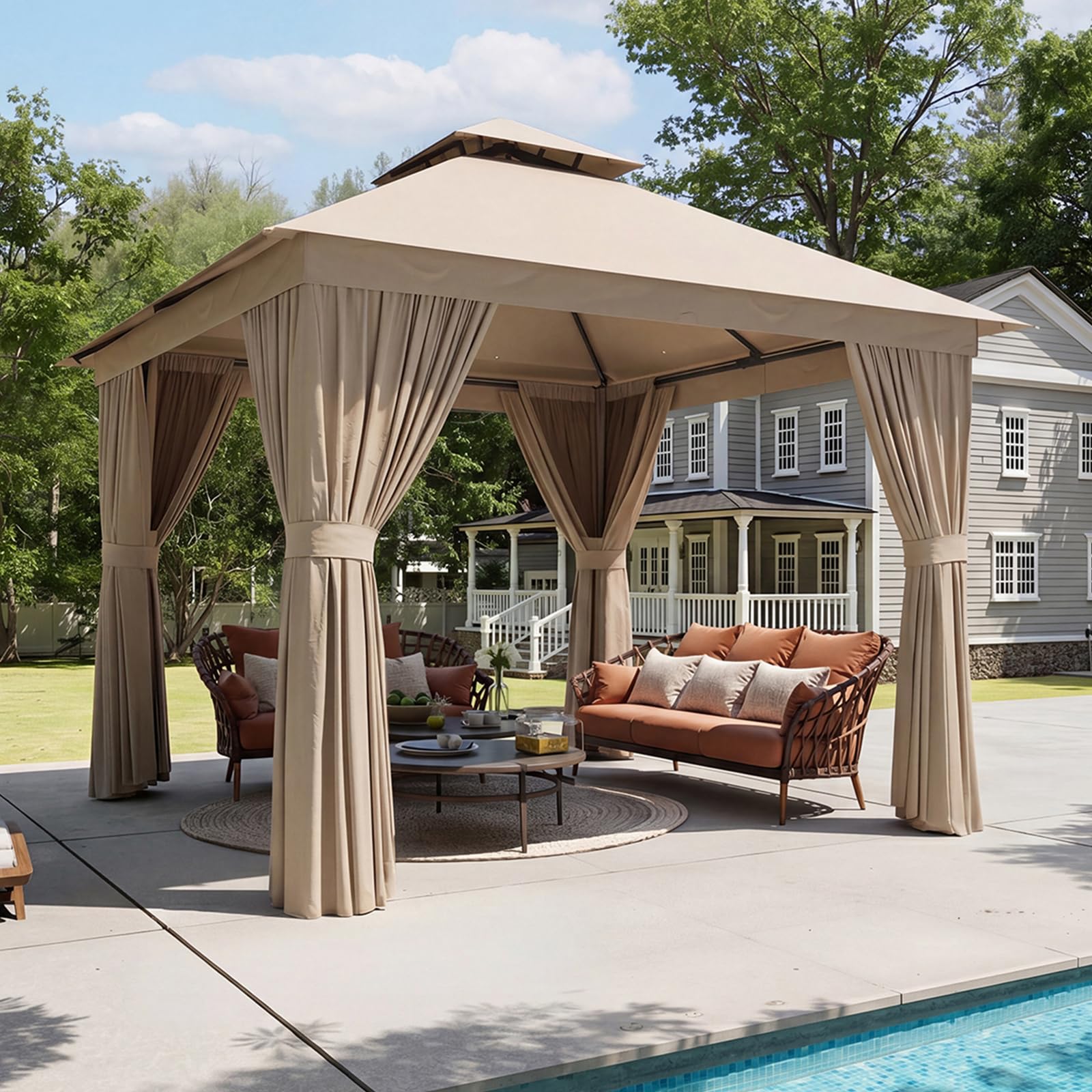 Aoxun Outdoor Gazebo for Patio 10x10 Metal Frame Canopy with Double Roofs Heavy Duty Party Tent and Shelter with Mosquito Nettin