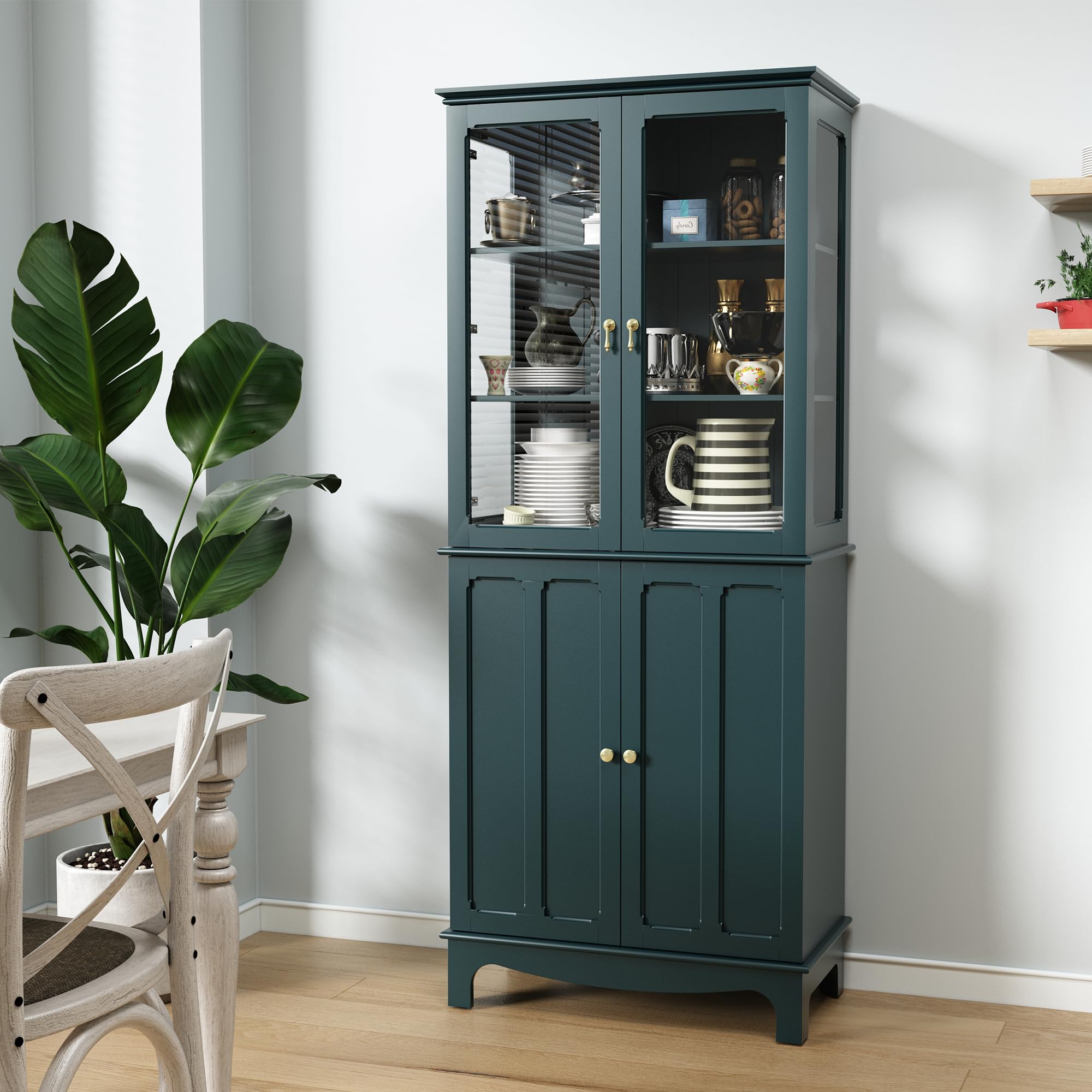 ARTPOWER 72 Freestanding Kitchen Pantry Storage Sideboard, Classical Tall Cabinet with Glass Door and Adjustable Shelves for Kit