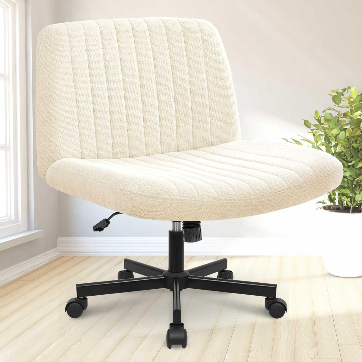 Neo Chair Criss Cross Chair With Wheels Fabric Comfy Cross Legged Computer Desk Chair Armless Swivel Height Adjustable Task Wide Seat For Home Office Bedroom Vanity (Beige)