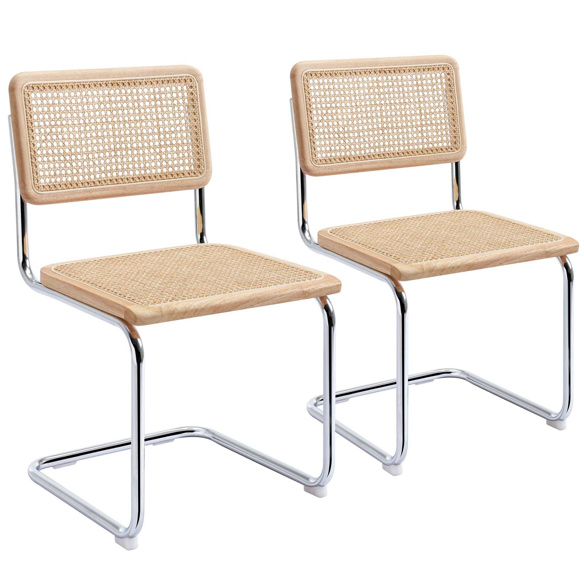 Flouki Rattan Dining Chairs Set of 2, Boho Accent Chairs for Kitchen Room with Natural Cane Mesh, Mid Century Cantilever Design,