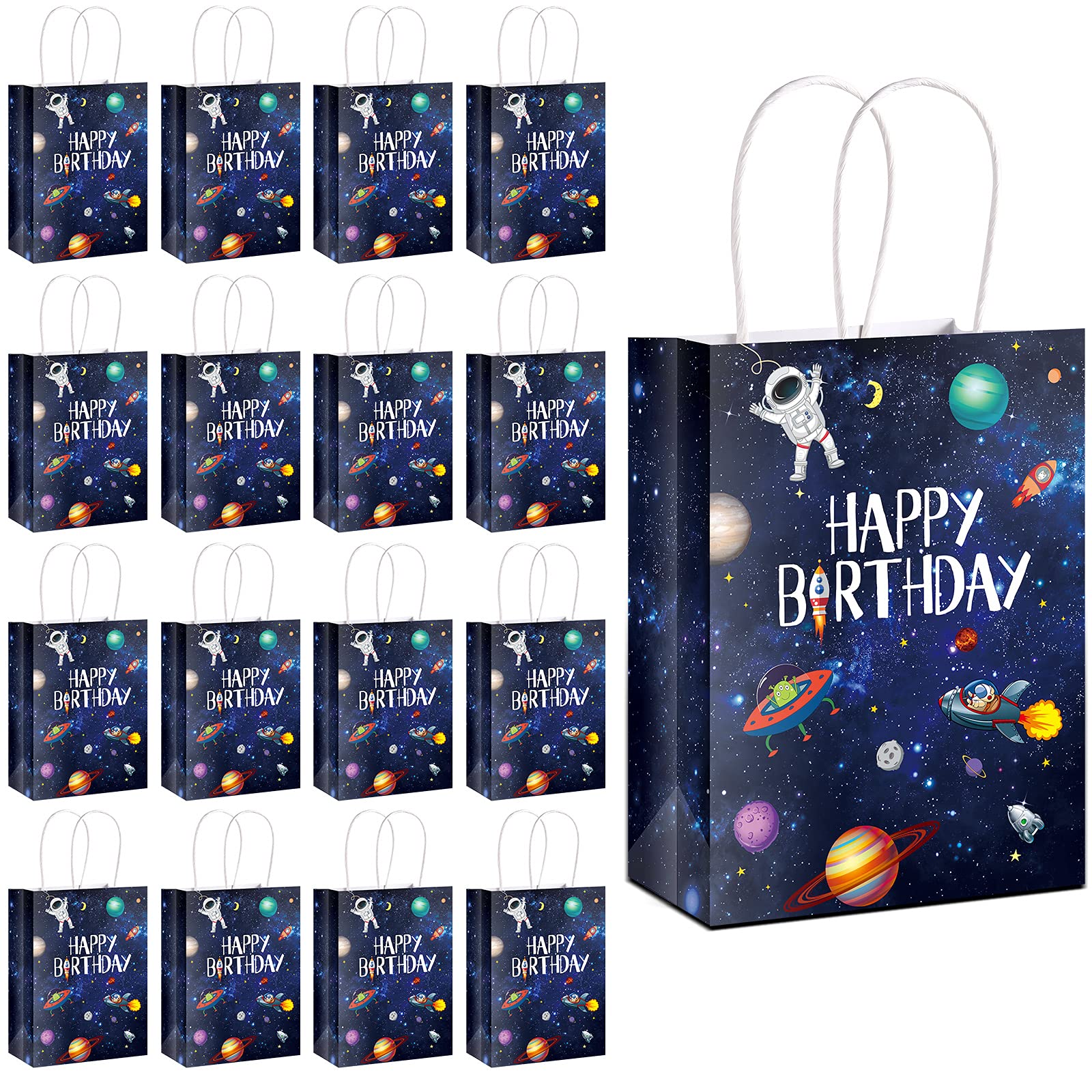Outus 16 Pack Outer Birthday Space Party Favors Space Goody Bags with Handles Galaxy Gift Bags Kraft Paper Planet Goodie Bags Tr