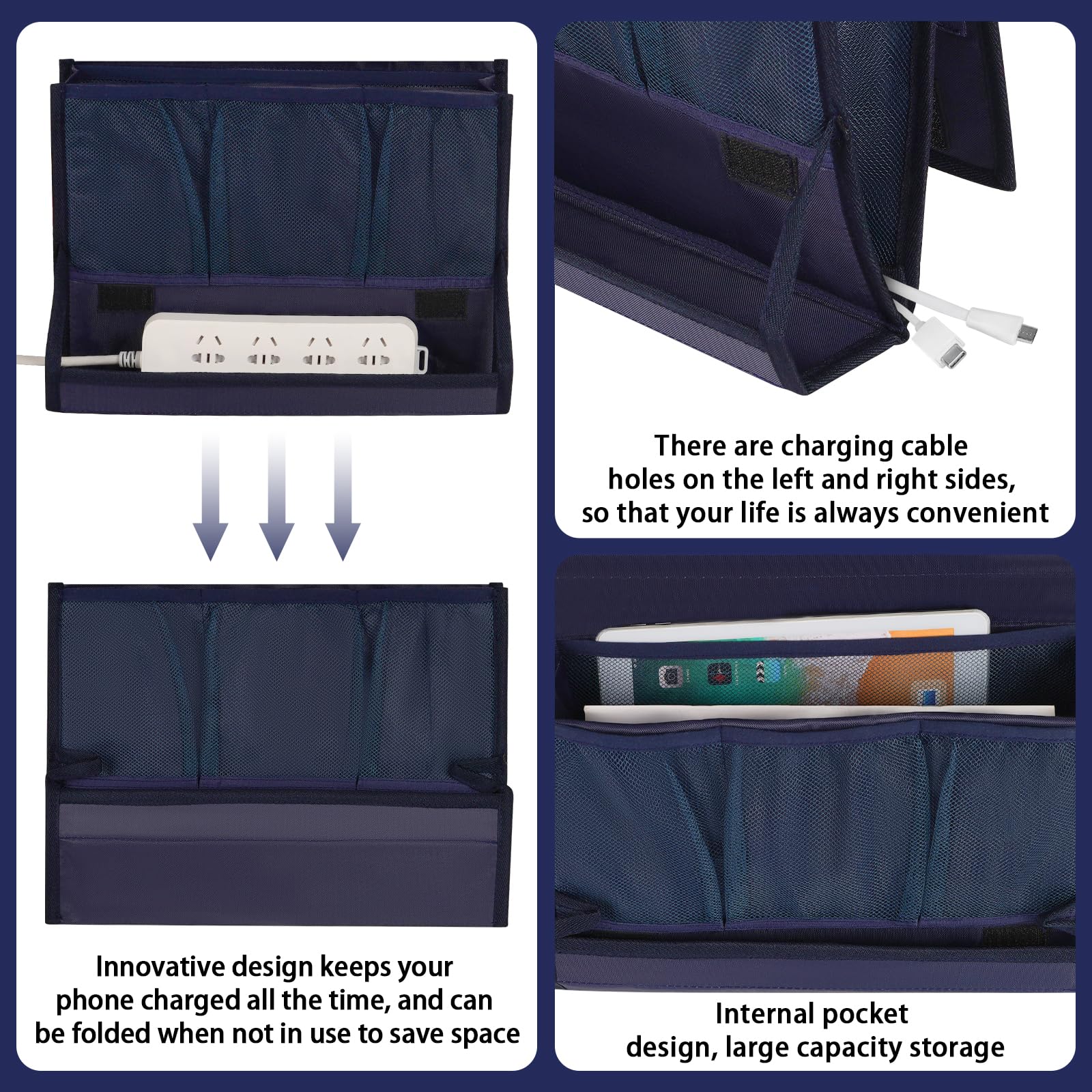 Retyion Bedside Storage Organizer With Power Strip Holder And Adjustable Straps Bed Hanging Bag For Home Bunk Bed Dorm Sofa (Nav