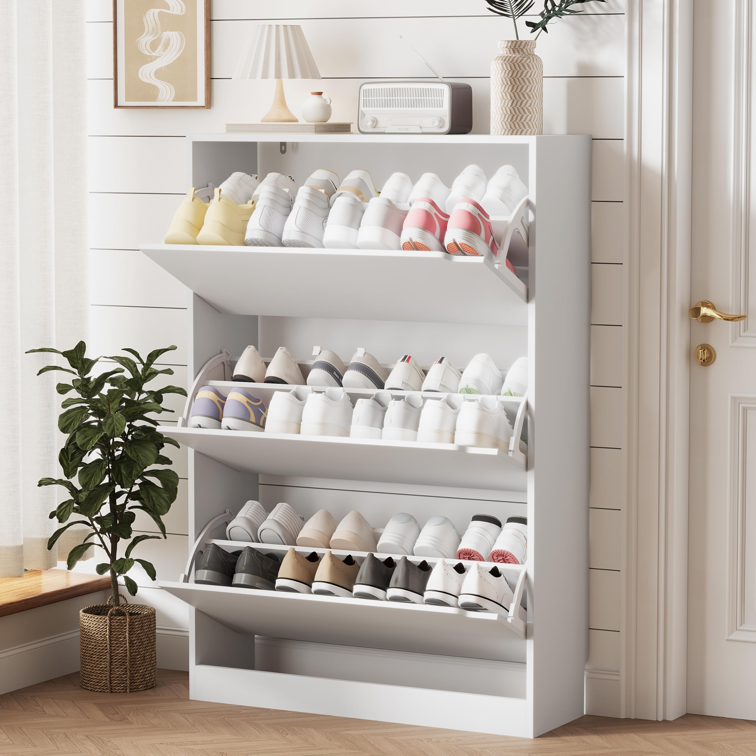 Shoe Storage Cabinet for Entryway with 3 Flip Drawers, Sturdy Wood Hidden Shoe Storage, Freestanding Narrow Slim Shoe Organizer 