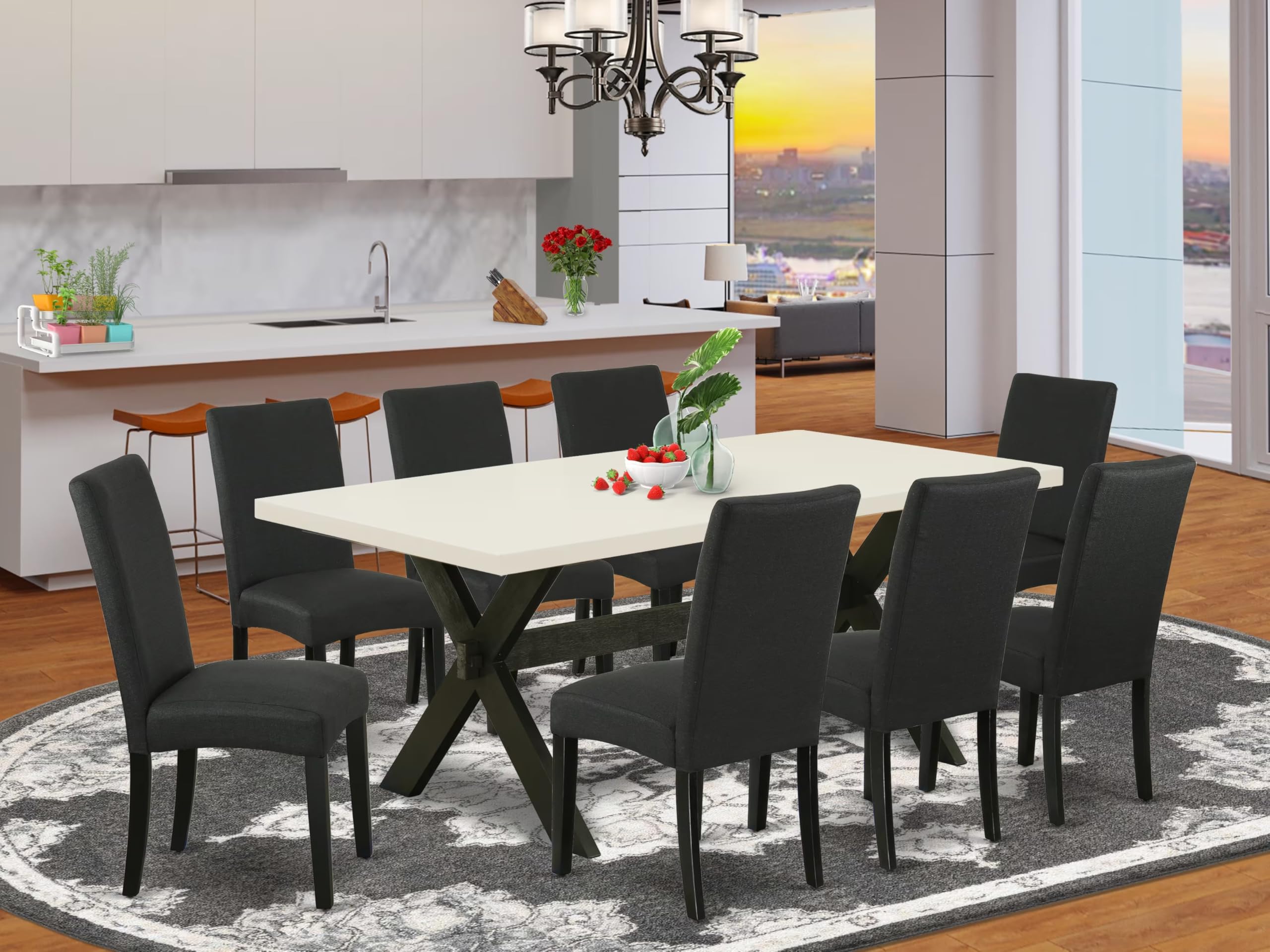 East West Furniture X627Dr124-9 9 Piece Modern Dining Table Set Includes A Rectangle Wooden Table With X-Legs And 8 Black Color Linen Fabric Parsons Dining Chairs, 40X72 Inch, Multi-Color