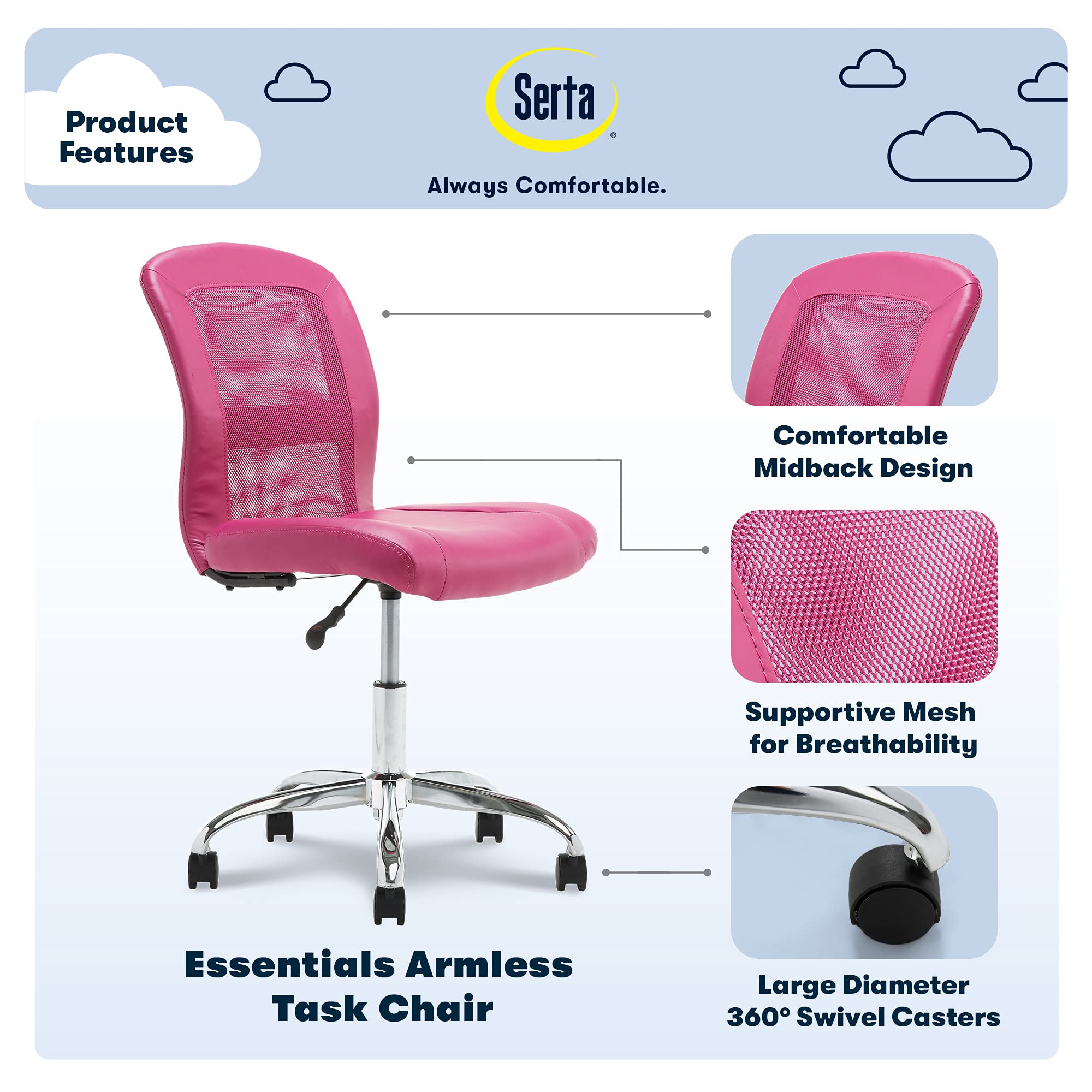 Serta Essential Mesh Low-Back Computer Desk Task Chair With No Arms For Home Office Or Conference Room, Faux Leather, Pink