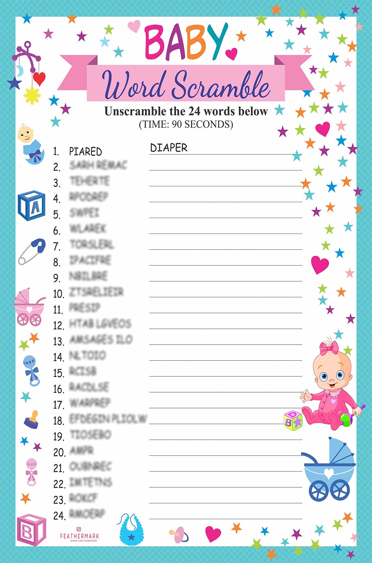 FEATHERMARK Baby Shower Word Scramble and Word Search Game (2 in 1 Game) Multicolor (Pack of 24 Leaf) Baby Theme
