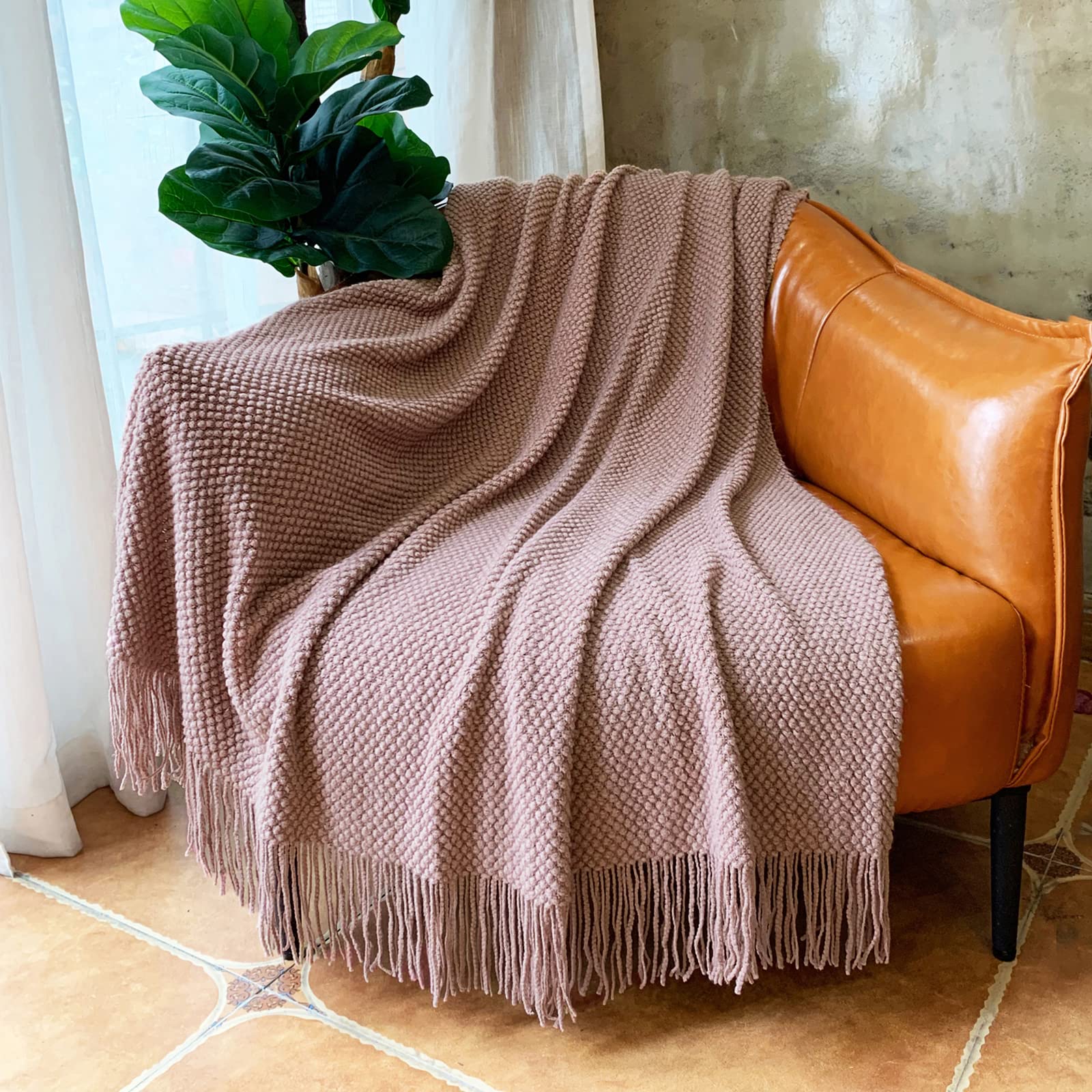 Lomao Knitted Throw Blanket With Tassels Bubble Textured Lightweight Throws For Couch Cover Home Decor (Brownish Pink, 60X80)