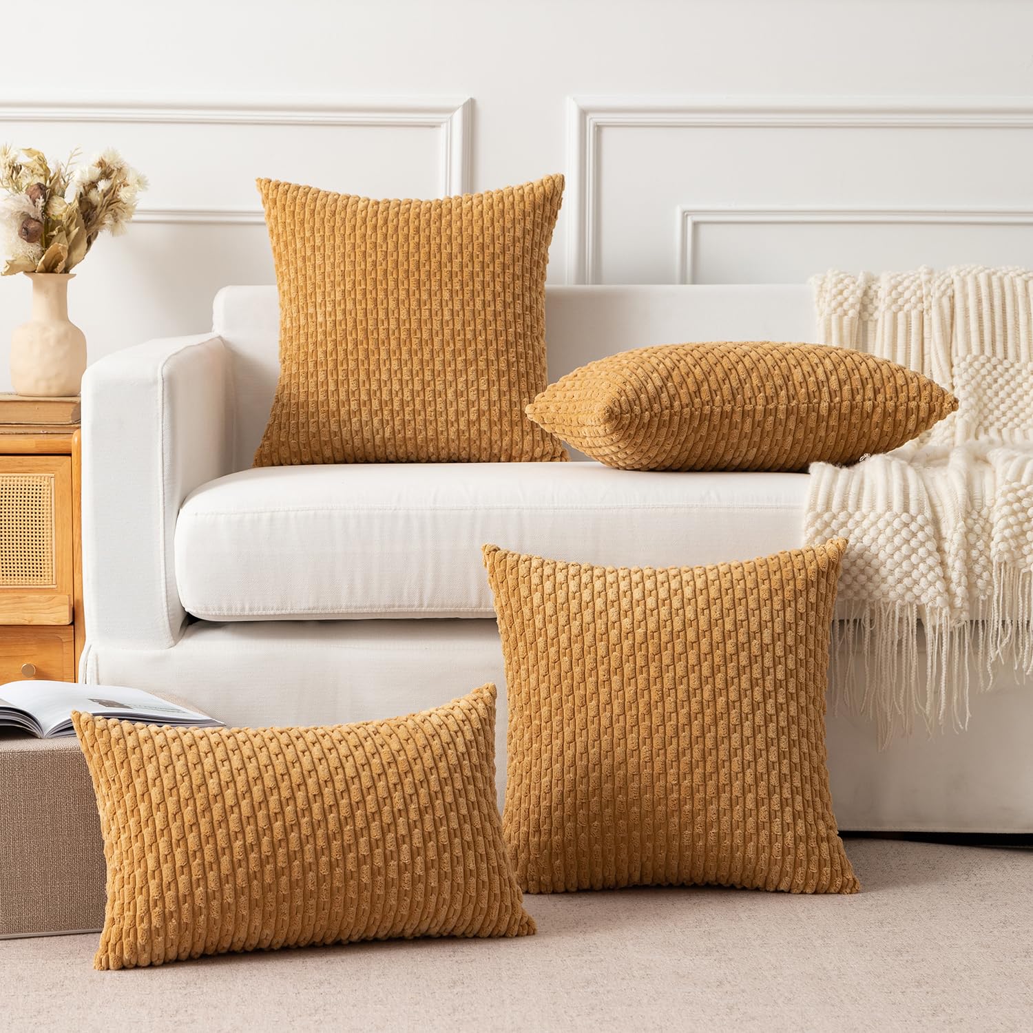 Kevin Textile Throw Pillow Covers Soft Corduroy Decorative Set Of 2 Boho Striped Pillow Covers Pillowcases Farmhouse Home Decor For Couch Bed Sofa Living Room 20X20 Inch Gold