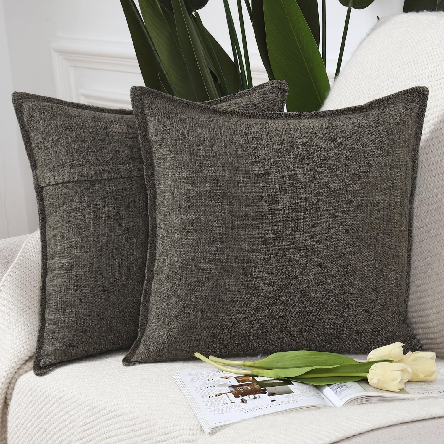 Madizz Set Of 2 Flanged Linen Throw Pillow Covers 18X18 Inch Dark Taupe Soft Decorative Cushion Cover For Sofa Bedroom Pillow Sh