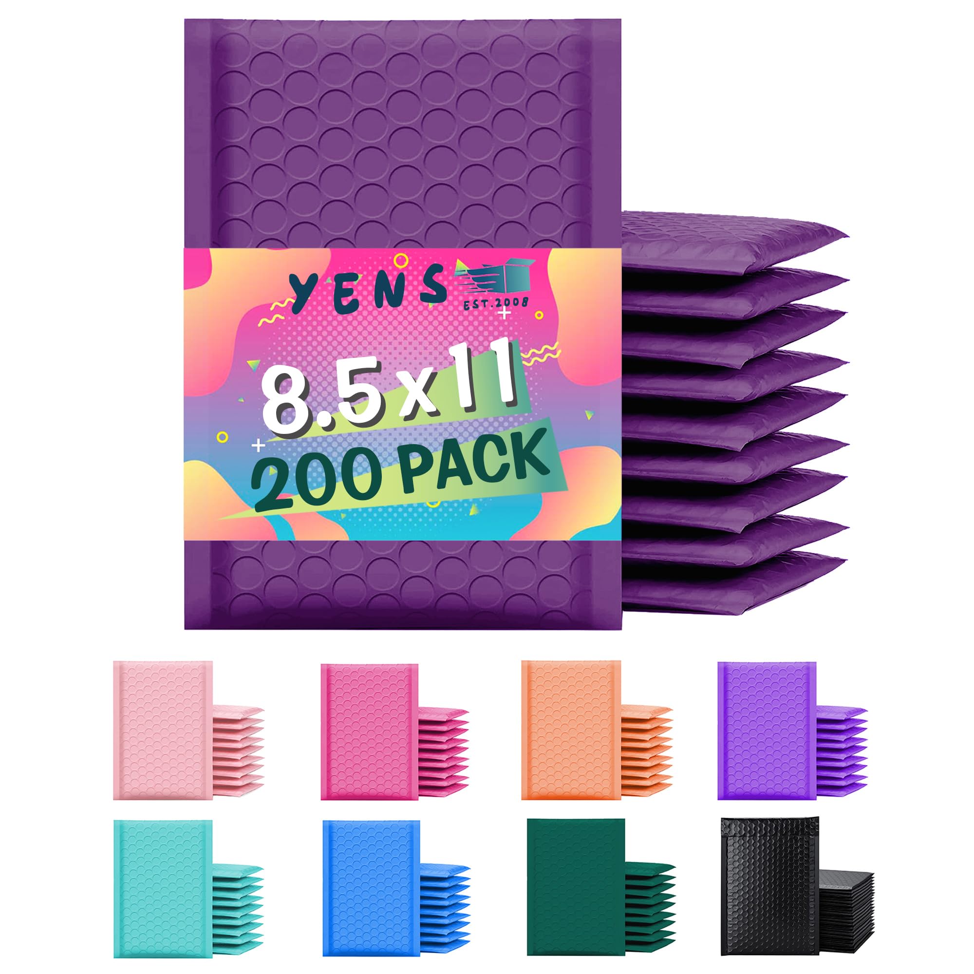 Yens Poly Bubble Mailers 8.5X12 200 Pack Purple Waterproof Self Seal Adhesive Shipping Bags, Cushioning Padded Envelopes For Shi