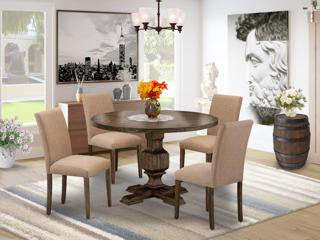 East West Furniture I3AB5-747 5 Piece Dining Table Set for 4 Includes a Round Kitchen Table with Pedestal and 4 Light Sable Linen Fabric Parsons Dining Chairs, 48x48 Inch, Distressed Jacobean