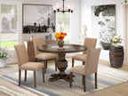 East West Furniture I3AB5-747 5 Piece Dining Table Set for 4 Includes a Round Kitchen Table with Pedestal and 4 Light Sable Linen Fabric Parsons Dining Chairs, 48x48 Inch, Distressed Jacobean