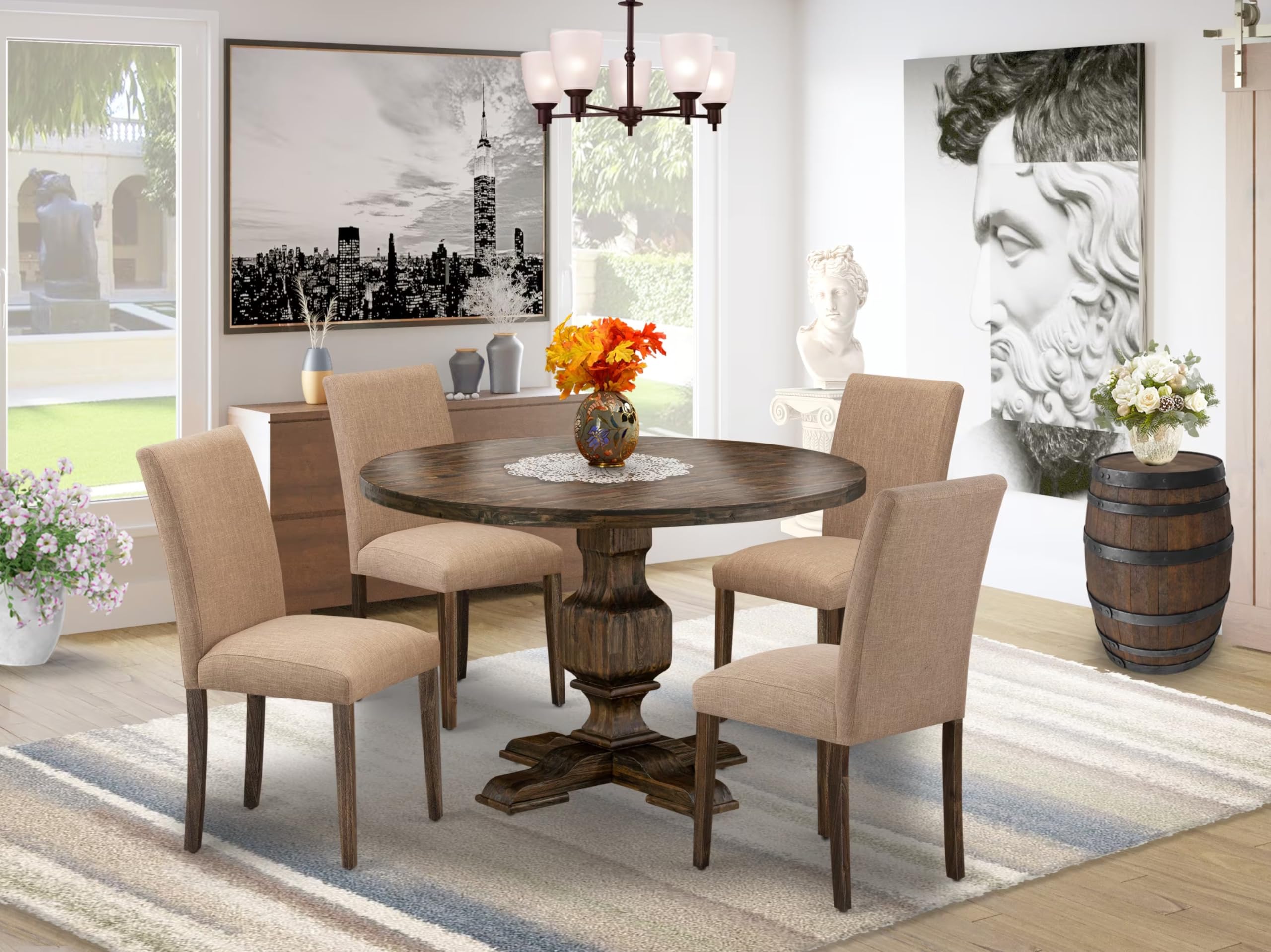 East West Furniture I3AB5-747 5 Piece Dining Table Set for 4 Includes a Round Kitchen Table with Pedestal and 4 Light Sable Linen Fabric Parsons Dining Chairs, 48x48 Inch, Distressed Jacobean