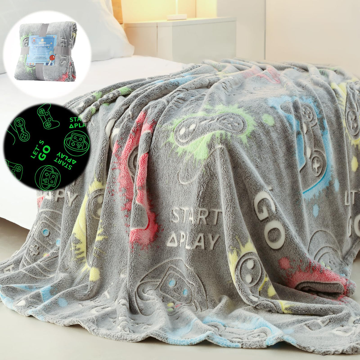 Anowpo Glow In The Dark Blanket Game Controller Gifts For Boys,Soft Kids Throw Gamer Blanket 3 4 5 6 7 8 9 10 11 12 Year Old Boy