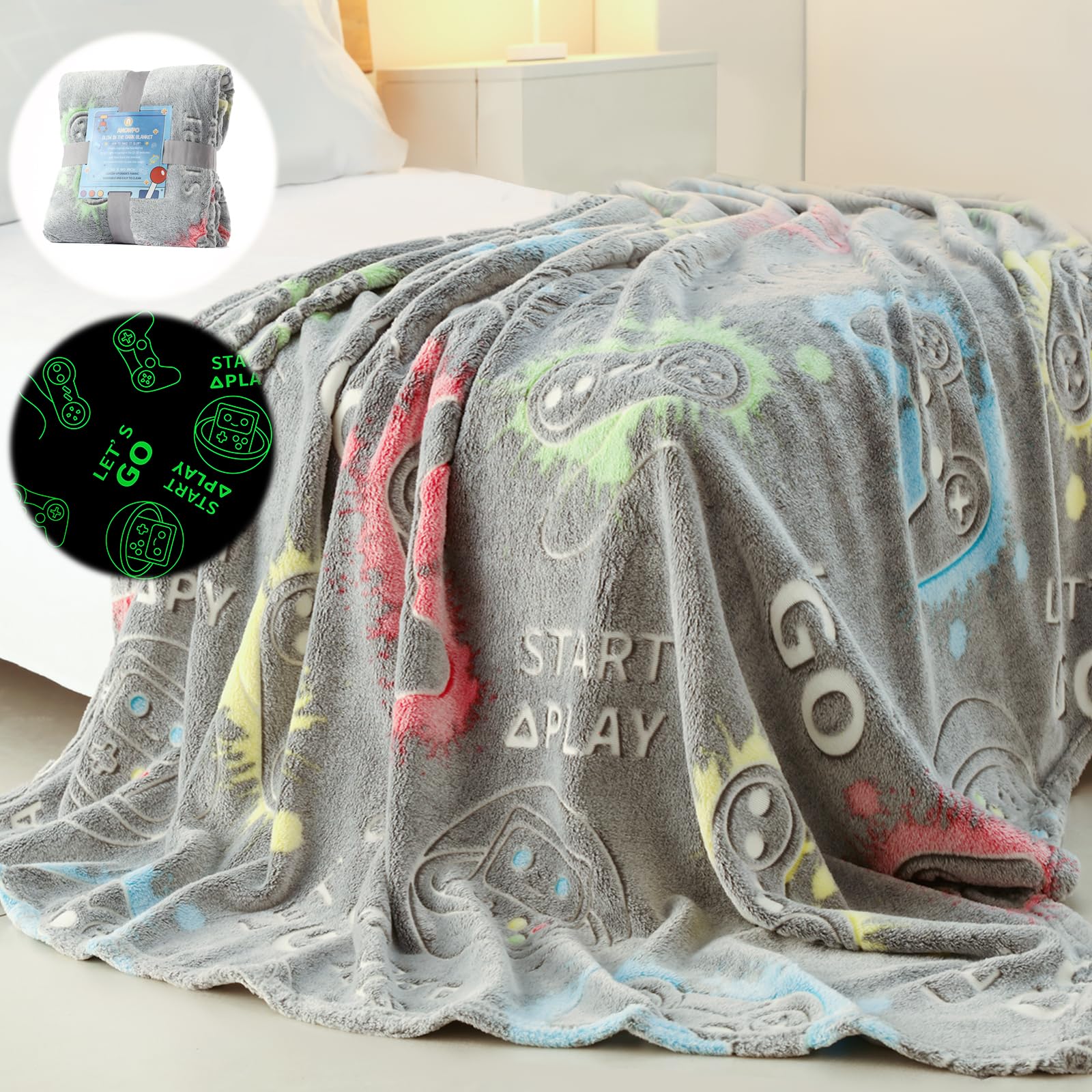 Anowpo Glow In The Dark Blanket Game Controller Gifts For Boys,Soft Kids Throw Gamer Blanket 3 4 5 6 7 8 9 10 11 12 Year Old Boy