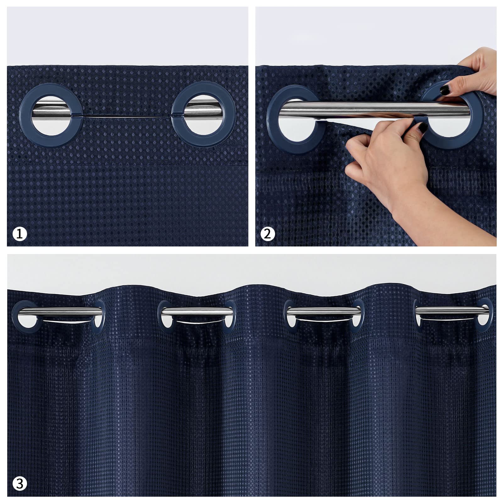 Mitovilla No Hooks Needed Waffle Small Stall Shower Curtain 36 X 74, Navy Blue Half Size Narrow Fabric Cloth Shower Curtain Set