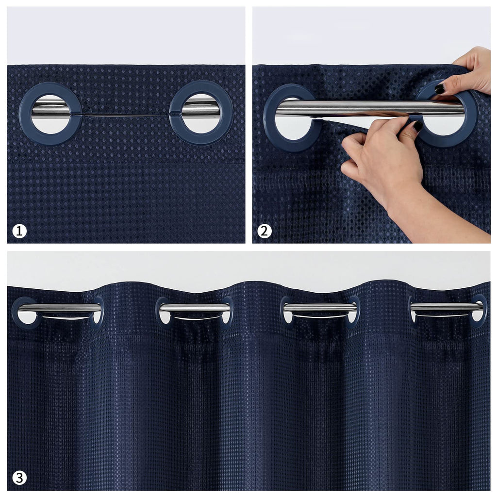 Mitovilla No Hooks Needed Waffle Small Stall Shower Curtain 36 X 74, Navy Blue Half Size Narrow Fabric Cloth Shower Curtain Set