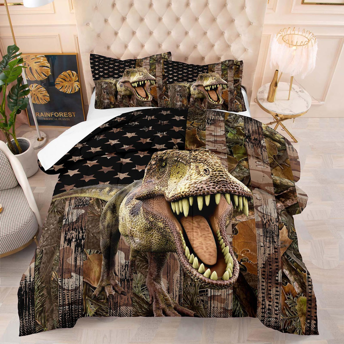 Tailor Shop Dinosaur Boys Comforter Sets Queen Size,Dinosaur Bedding Sets For Kids Teens,Camo Comforter Sets American Flag Comfo