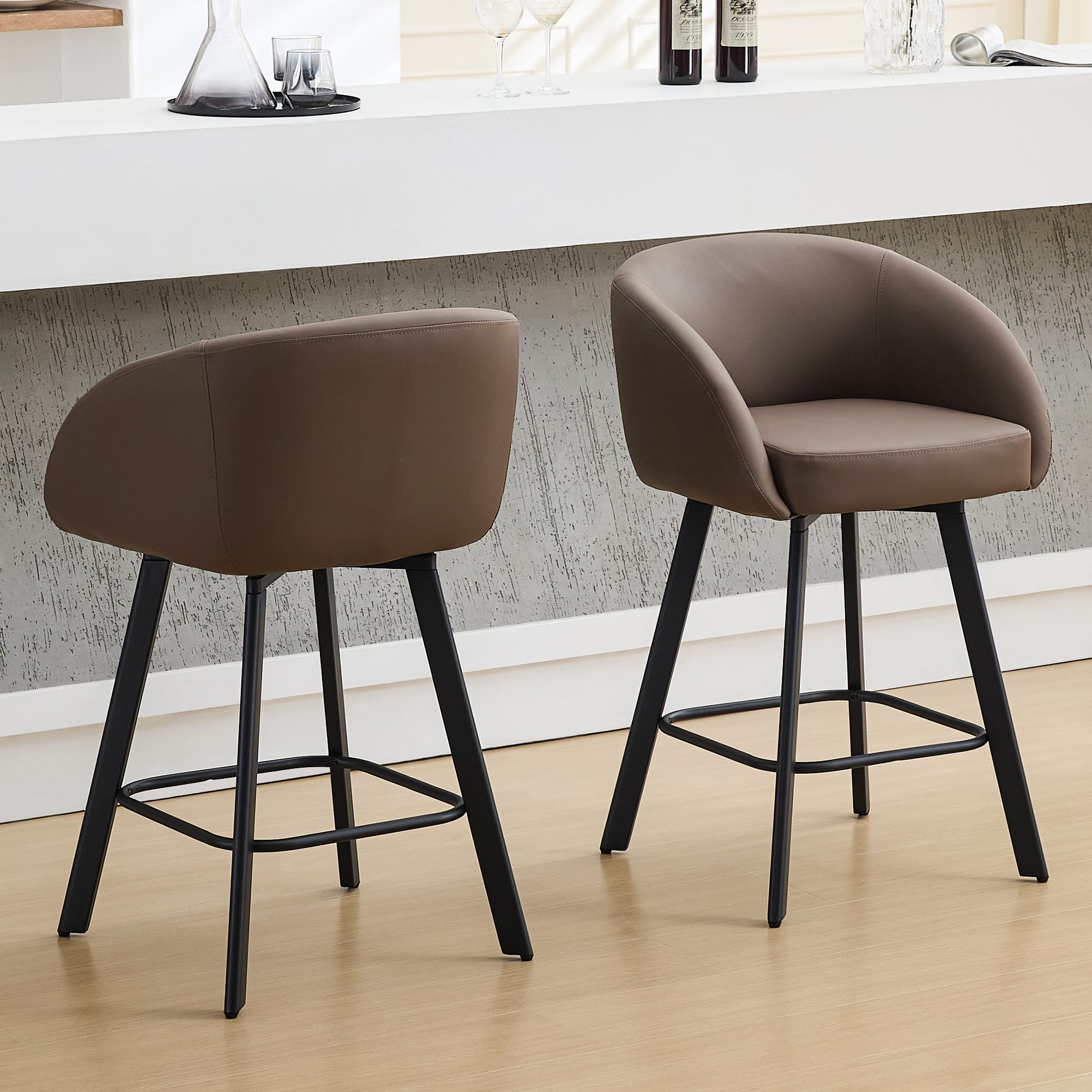 Firavoe Bar Stools Set Of 2, 26' Swivel Counter Height Bar Stools With Back And Armrest, Faux Leather Kitchen Barstools Counter