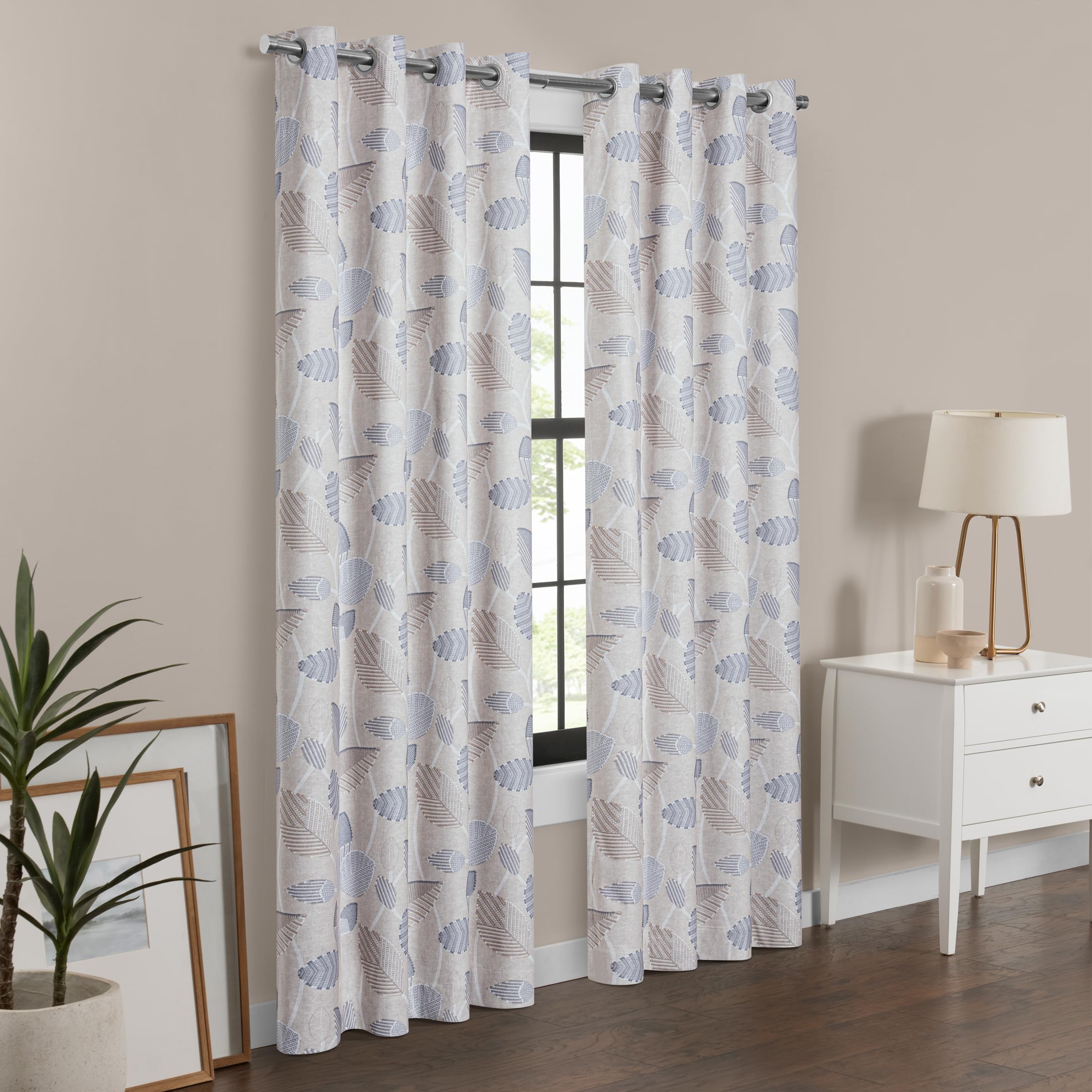 Eclipse Blackout Curtain, Larissa Leaf Grommet Curtain, 95 In Long X 50 In Wide, Patterned 100% Blackout Curtain, Thermal Insula