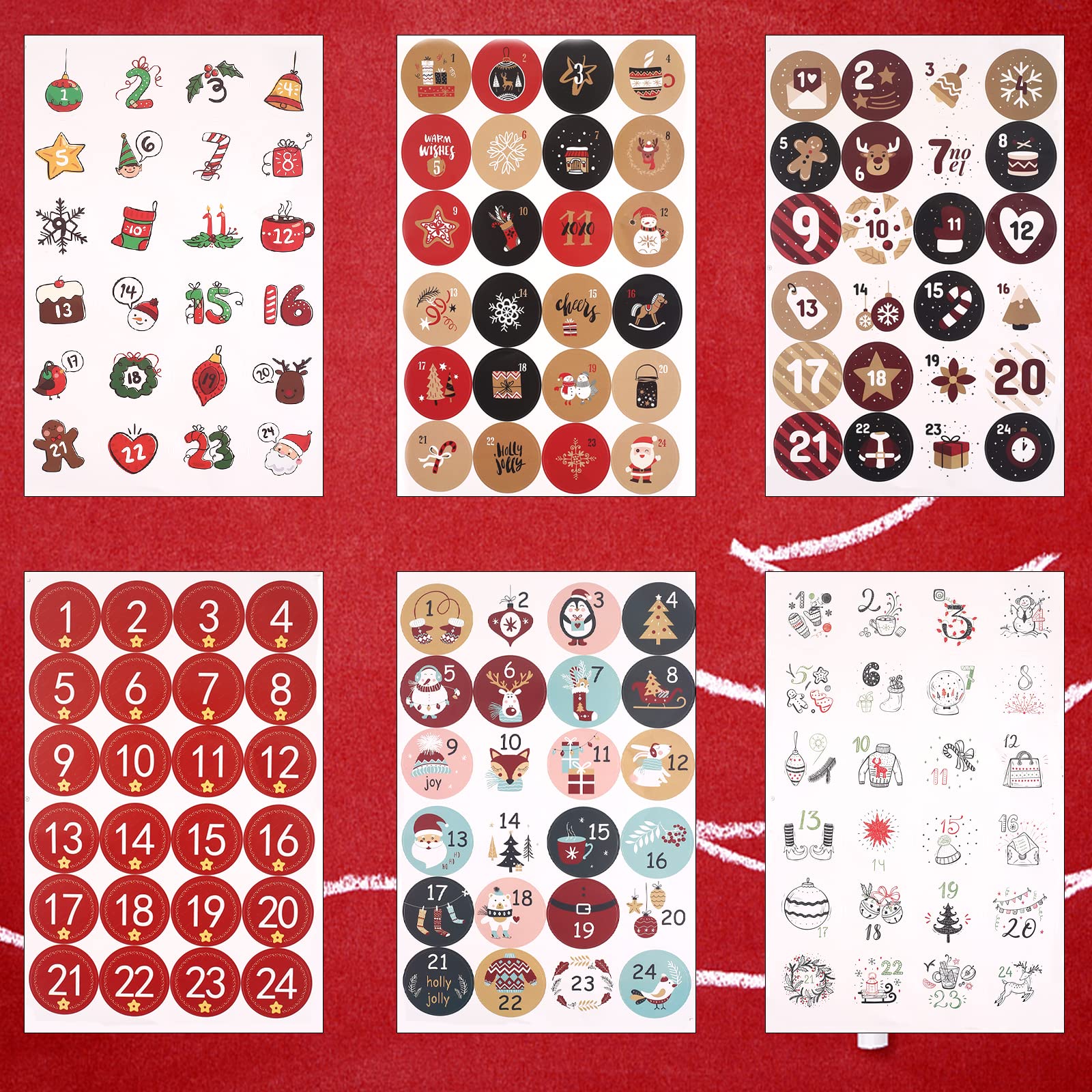 12 Sheets Advent Calendar Stickers, 1-24 Number Stickers With Christmas Theme Pattern, Christmas Stickers Suitable For Gift Seal