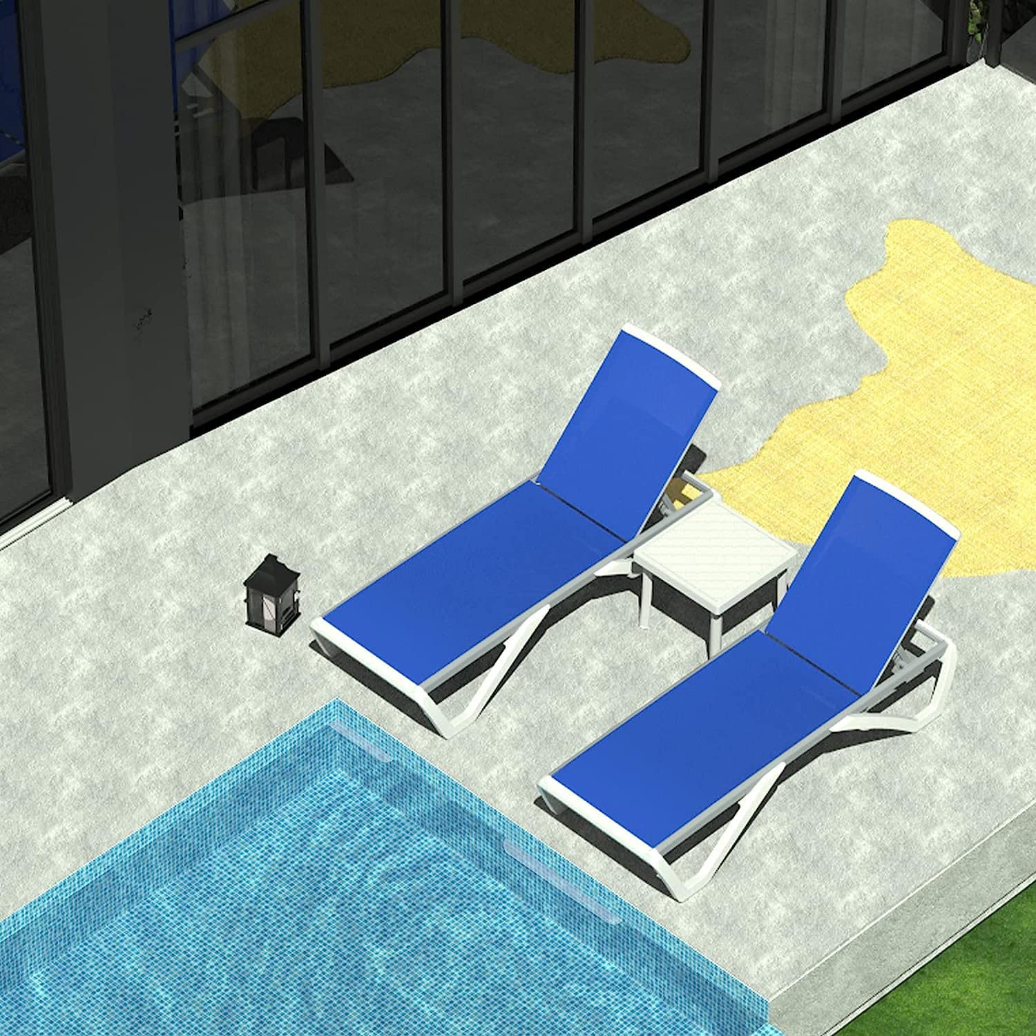 Domi Patio Chaise Lounge Chair Set Of 3,Outdoor Aluminum Polypropylene Sunbathing Chair With Adjustable Backrest,Arm,Side Table,For Beach,Yard,Balcony,Poolside(2 Blue Chairs + 1 Side Table)