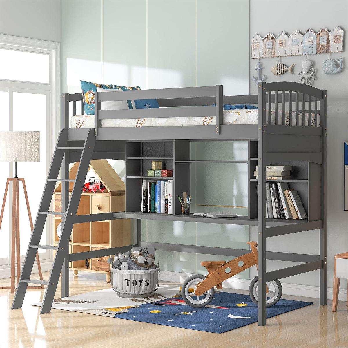 Harper & Bright Designs Twin Loft Bed With Desk, Wood Study Loft Bed Frame With Angled Ladder, No Box Spring Needed (Grey Loft B