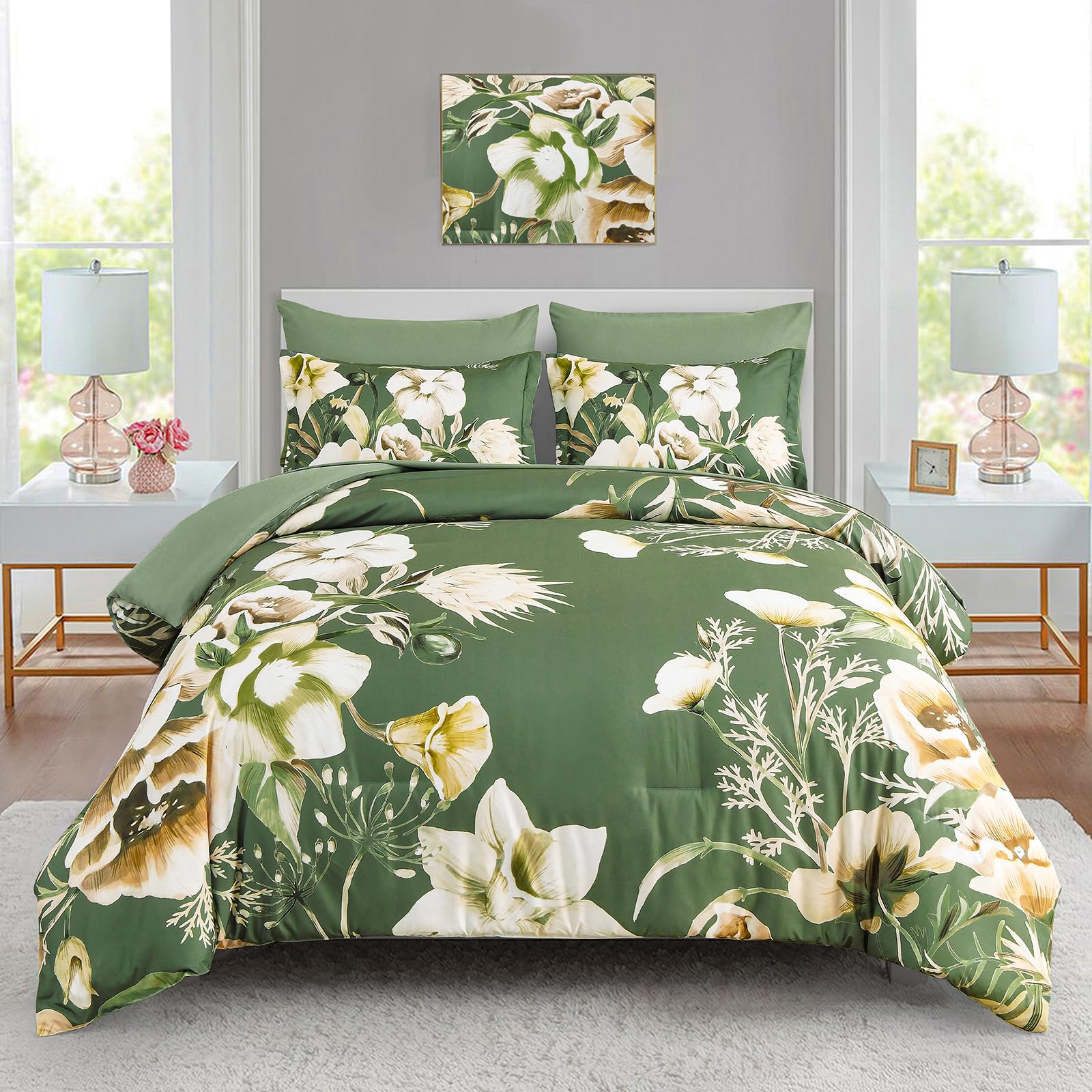 Luxudecor Floral Comforter Set King Size 7 Piece, Olive Green Flower Bed In A Bag, Elegant Comforter Bedding Set For All Season