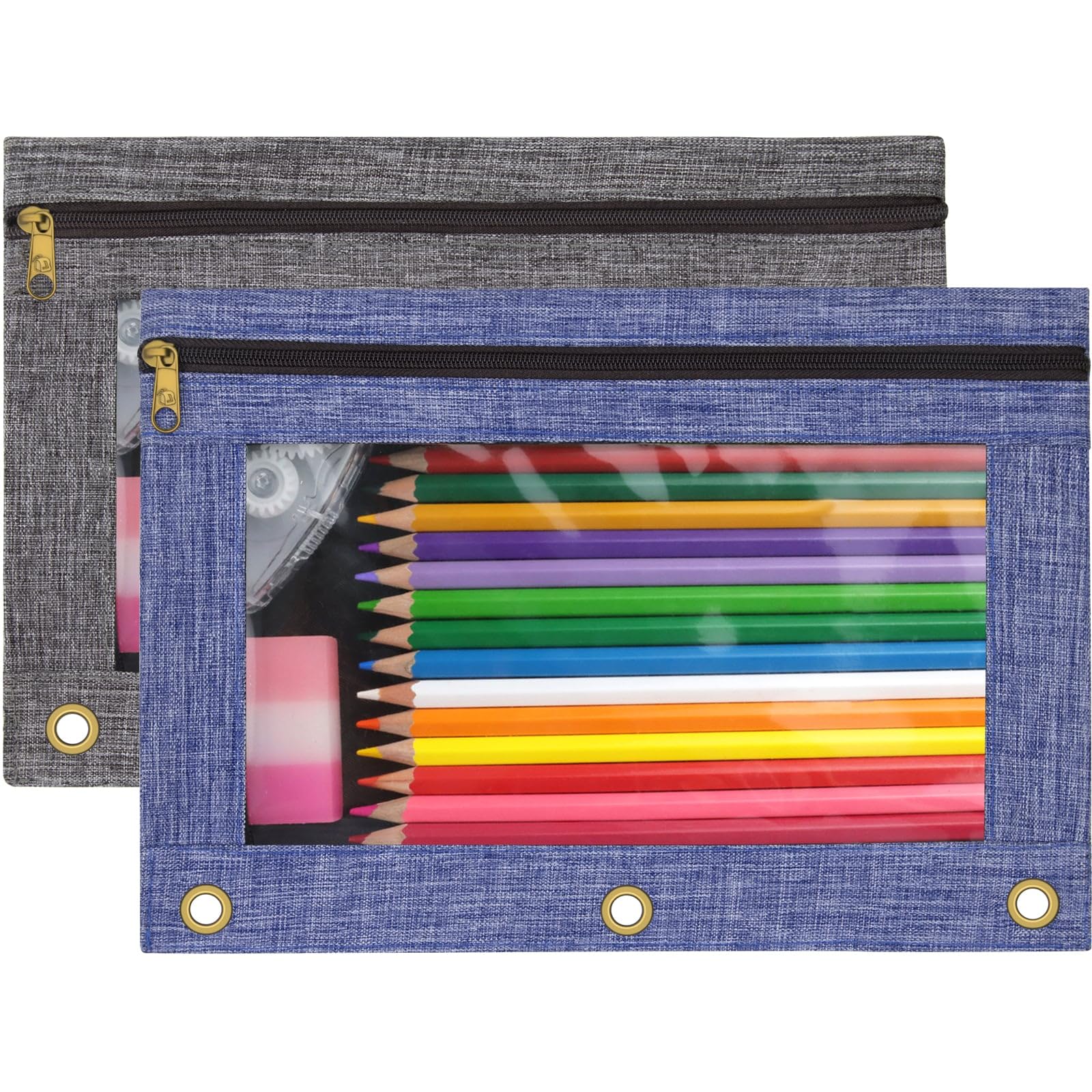 Arokimi Pencil Pouch 3 Ring, Binder Zipper Pouch Case,Zippered Pencil Pouches For School Students Office 3 Ring Binder (Pink+Gre