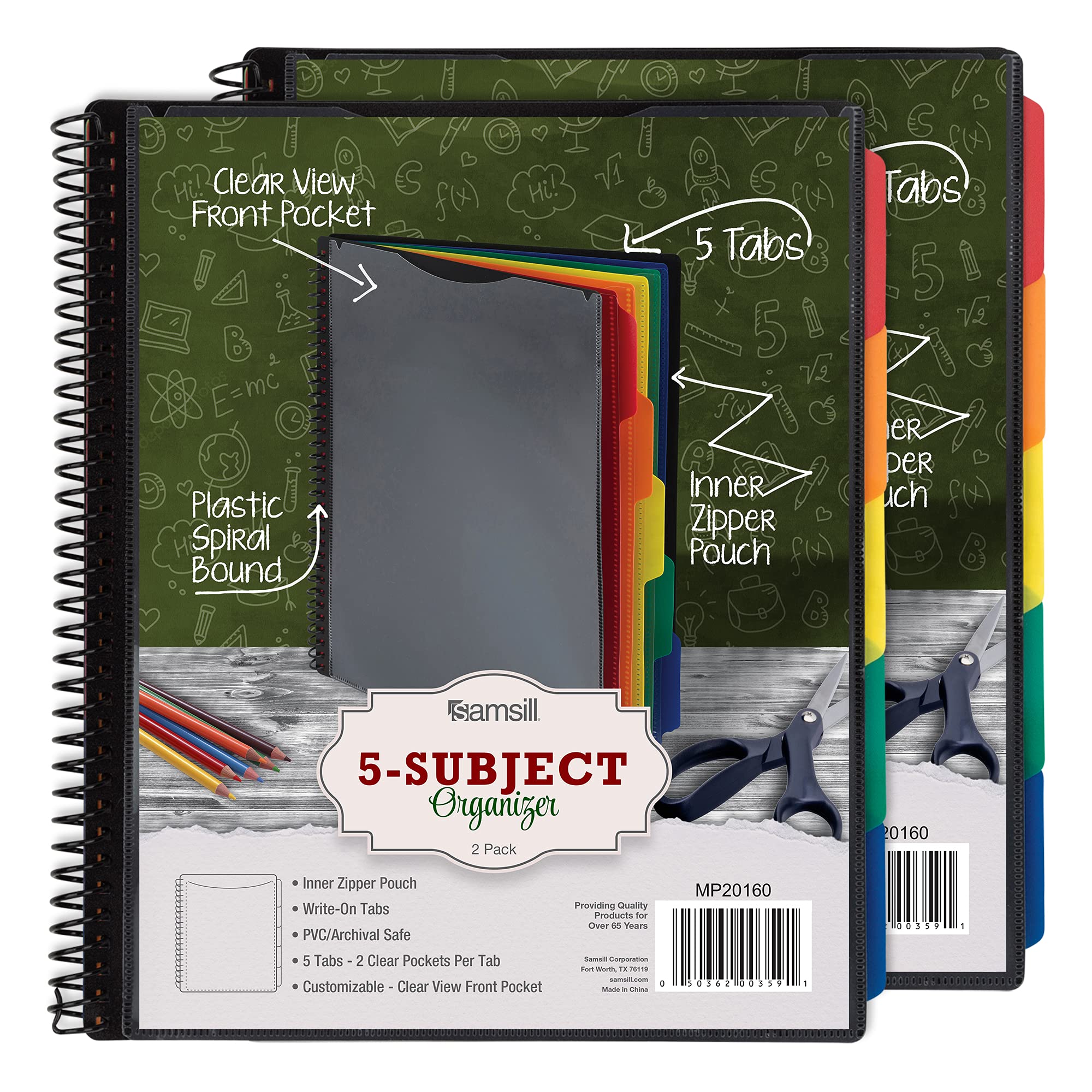 Samsill 2 Pack 10 Pocket Project Organizer With 5 Dividers,File Folders Letter Size,Customizable Front Cover,Inner Zipper Pouch,