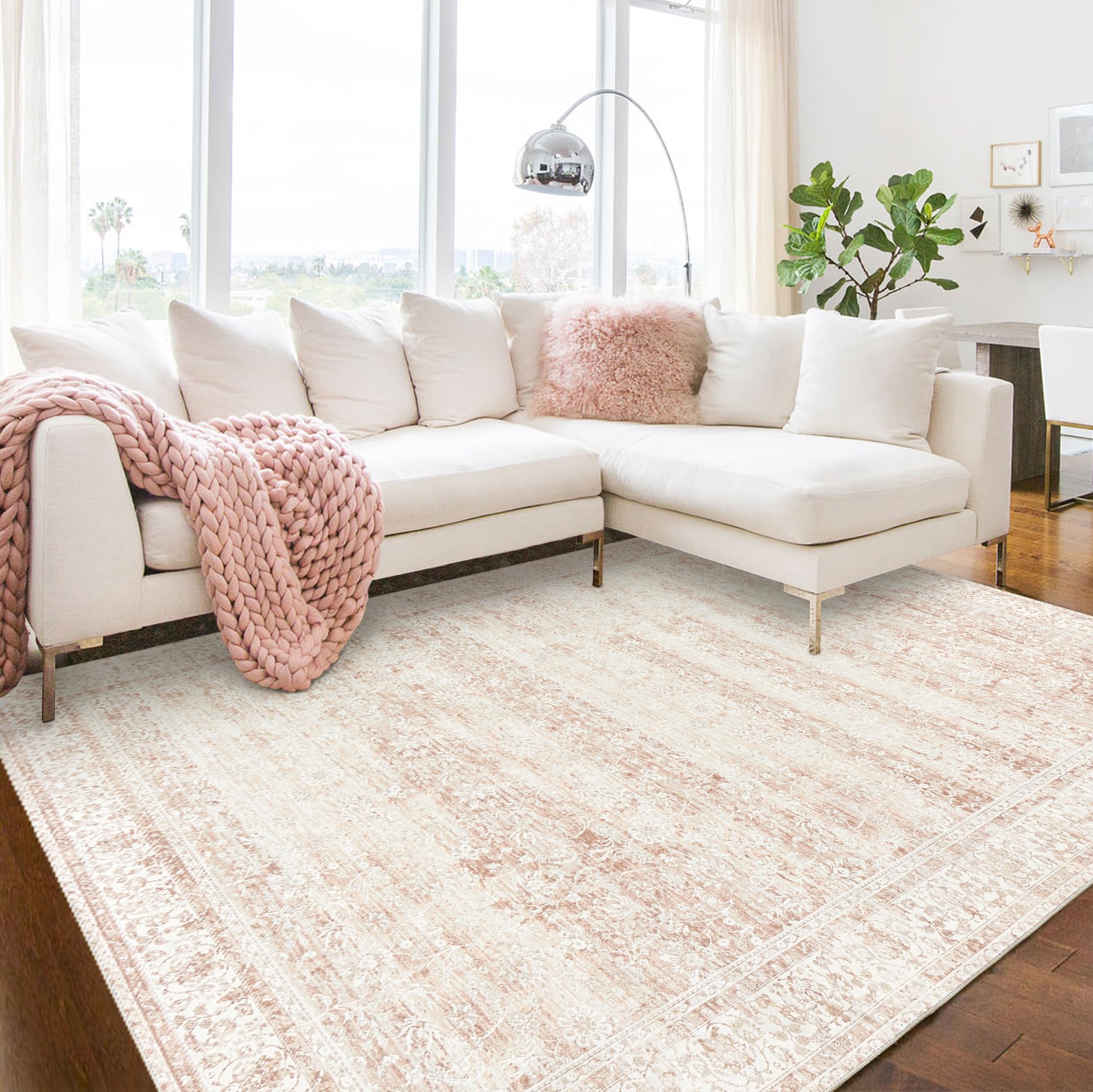 Light Pink Bedroom Rugs 6x9 Aesthetic Cute Boho Floral Feminine Soft Faux Wool Machine Washable Carpet Area Rugs for Kids Room P