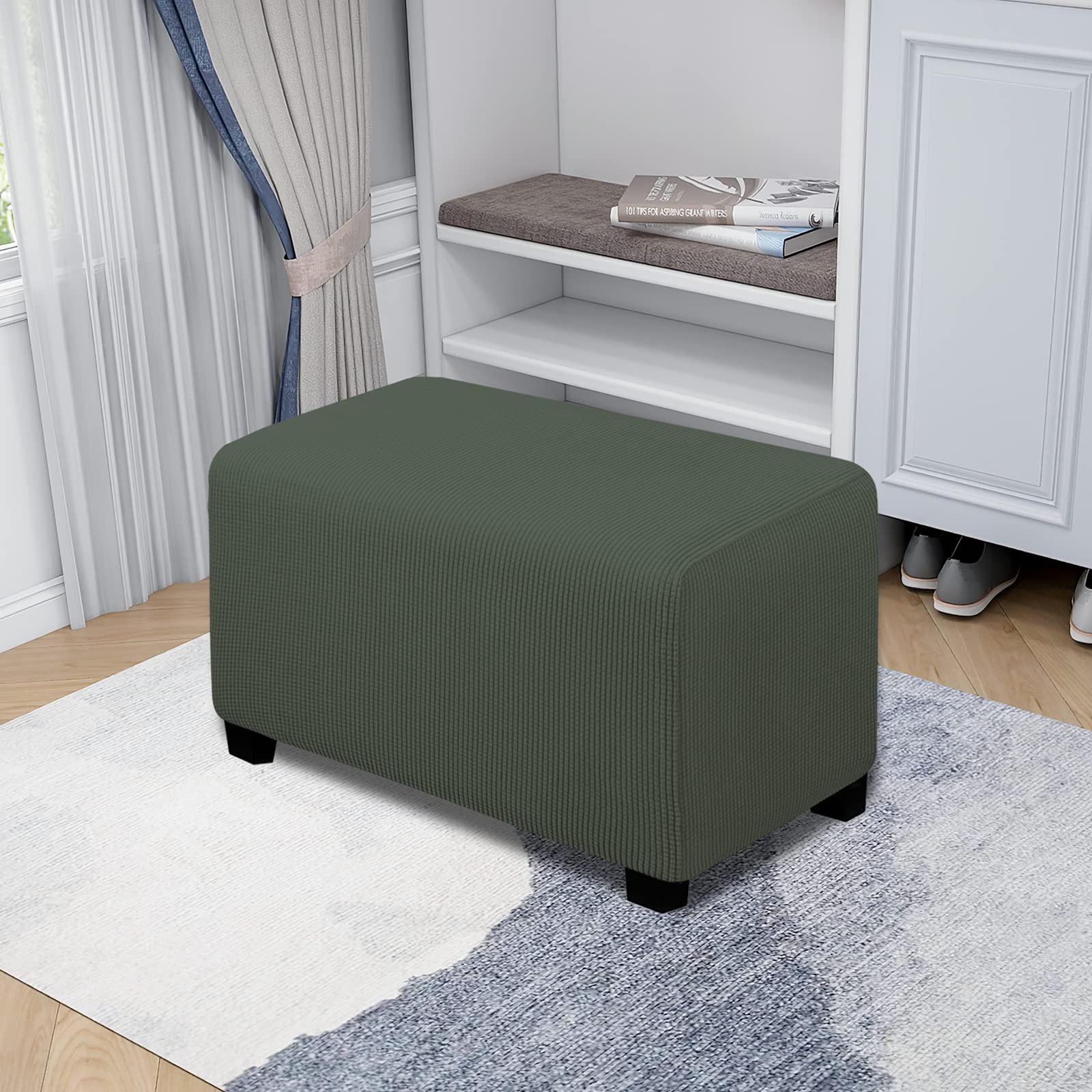Easy-Going Stretch Ottoman Cover Folding Storage Stool Furniture Protector Soft Rectangle Slipcover With Elastic Bottom(Ottoman Small,Olive Green)