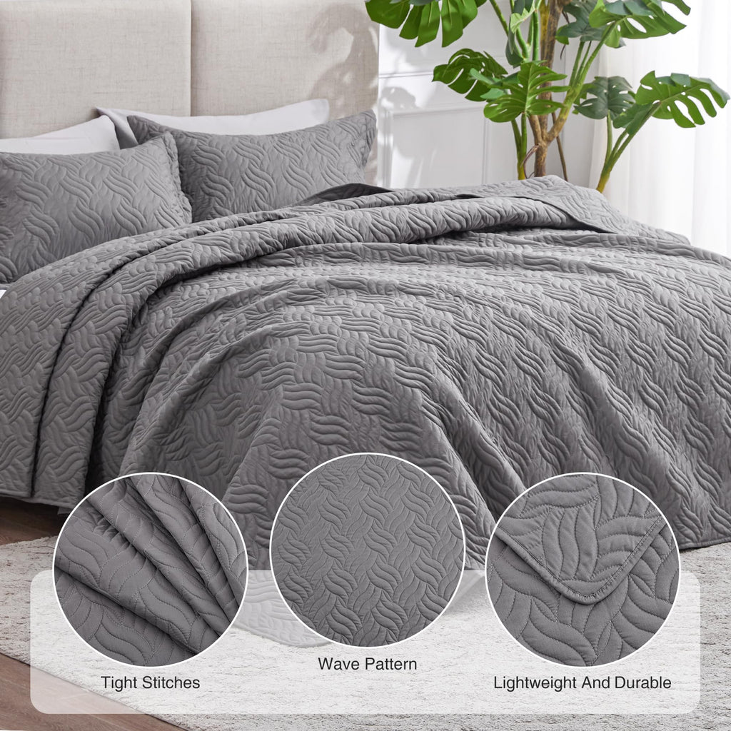 Love'S Cabin Quilts For Queen Bed Grey Bedspreads Bedding Set - Summer Quilt Lightweight Microfiber Bedspread - Wave Pattern Bed