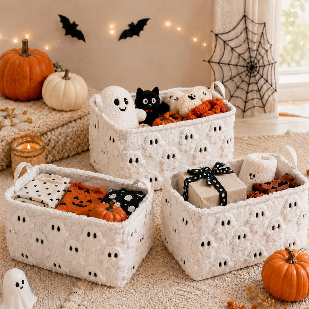 Kathfly 3 Pcs Halloween Storage Baskets Halloween Ghost Laundry Basket Plush Faux Fur Jacquard Design with Handles Waterproof St