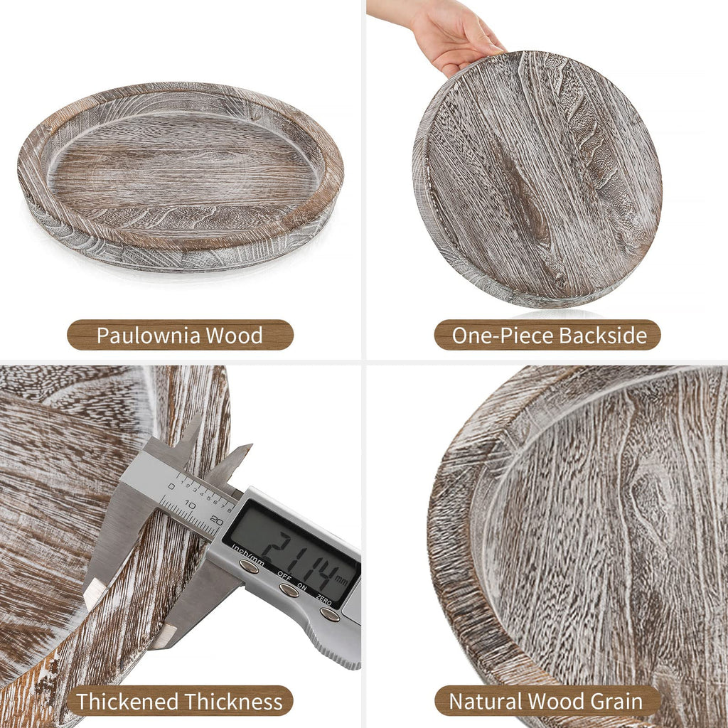 Hanobe Candle Plate Holder Tray: Round Wooden Decorative Candle Plate Small Farmhouse Table Centerpiece Rustic Whitewash Wood Te