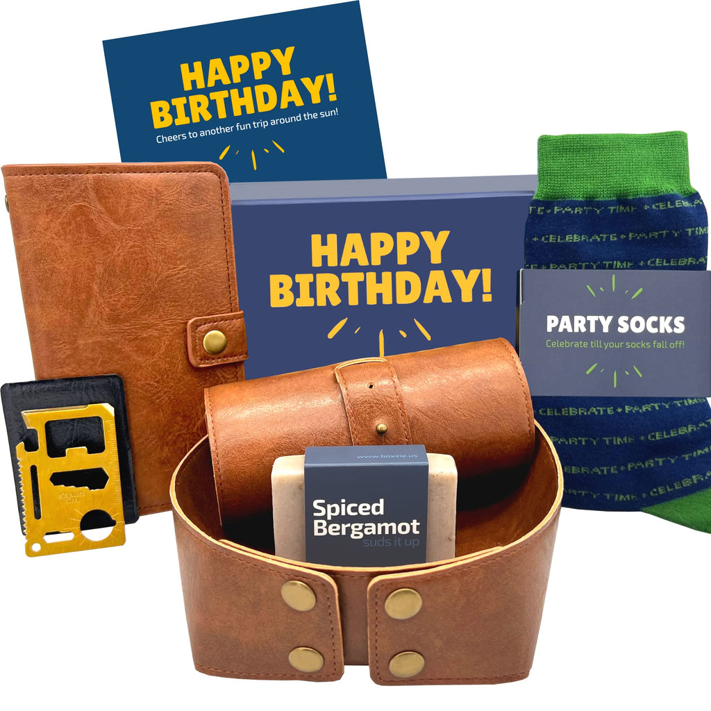 Happy Birthday Gift Box for Men, Unique Gifts for Him, Man Basket Set Ideas, Manly Presents for Dad, Husband, Brother, Son, Boyf