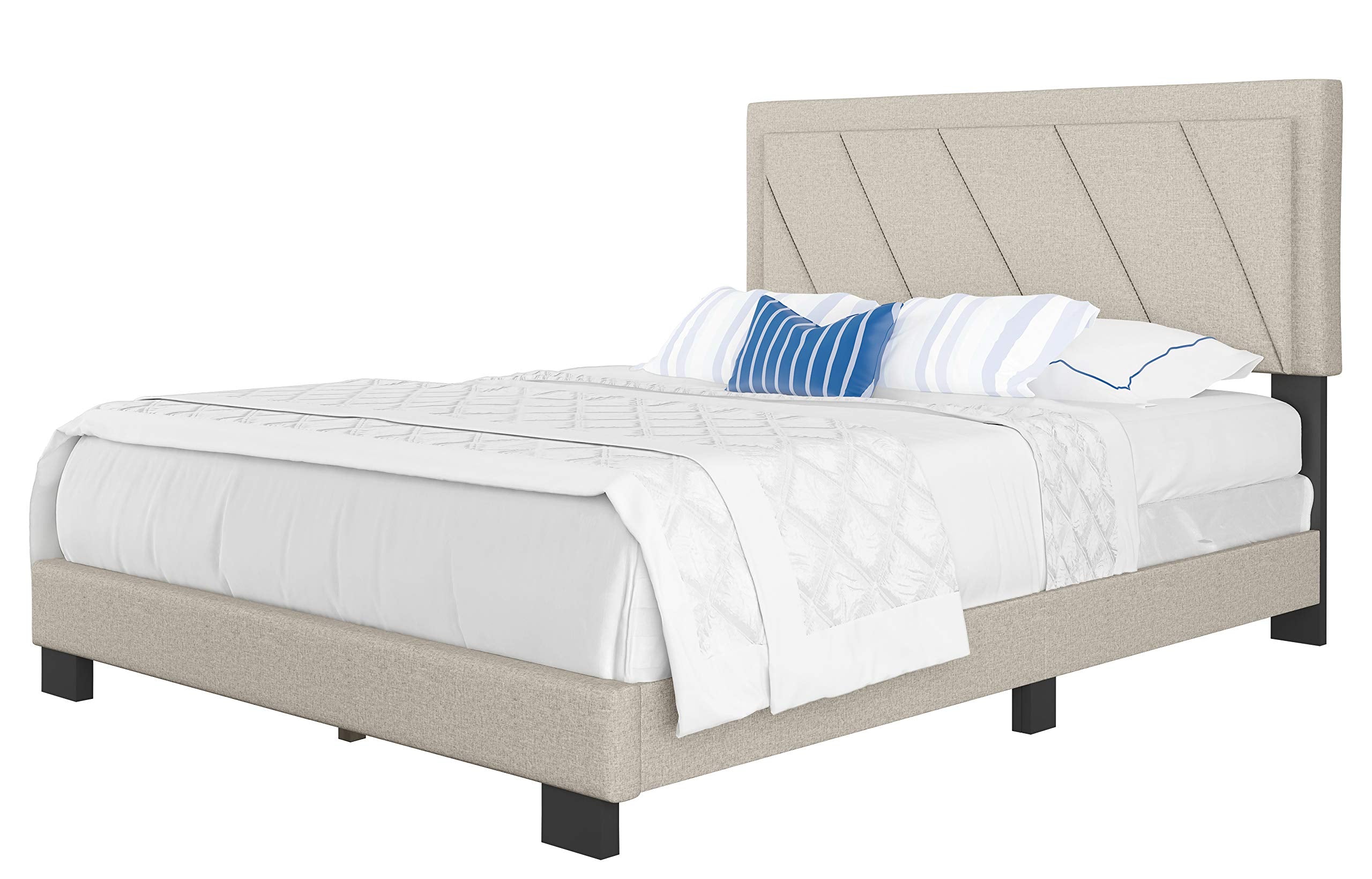 Boyd Sleep Diagonal Upholstered Platform Bed with Headboard and Durable Mattress Foundation with Strong 4 Wood Slat Supports, Box Spring Required: Queen, White