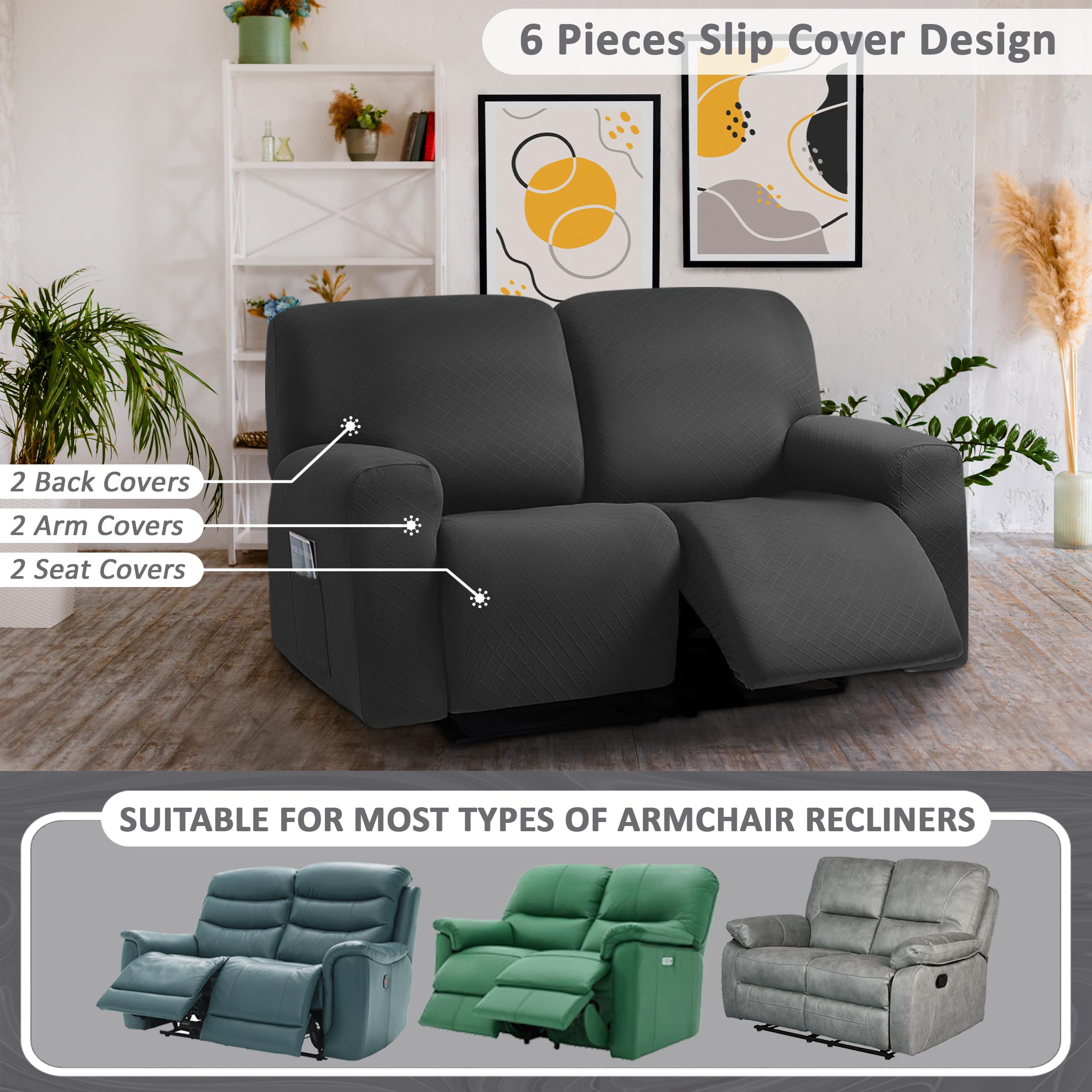 Ulticor Jacquard Fabric Loveseat Cover, 6-Piece, 48-65'' L, Reclining Sofa Cover, Washable, Black